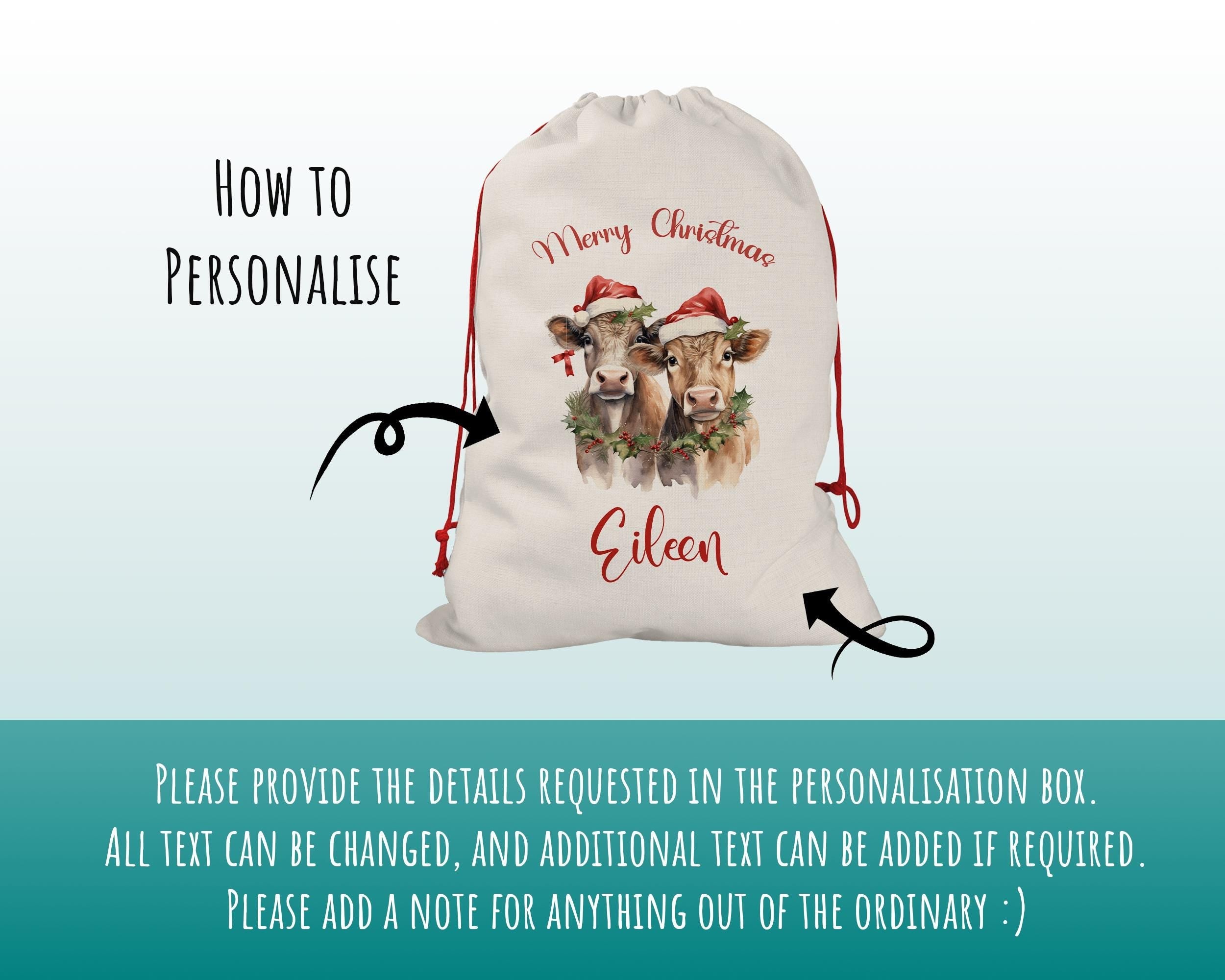 Personalised Christmas Sack - Santa Sack for Kids Presents Xmas Cows Fairy Lights Design Stocking Christmas Eve Bag for Girls & Boys XS055