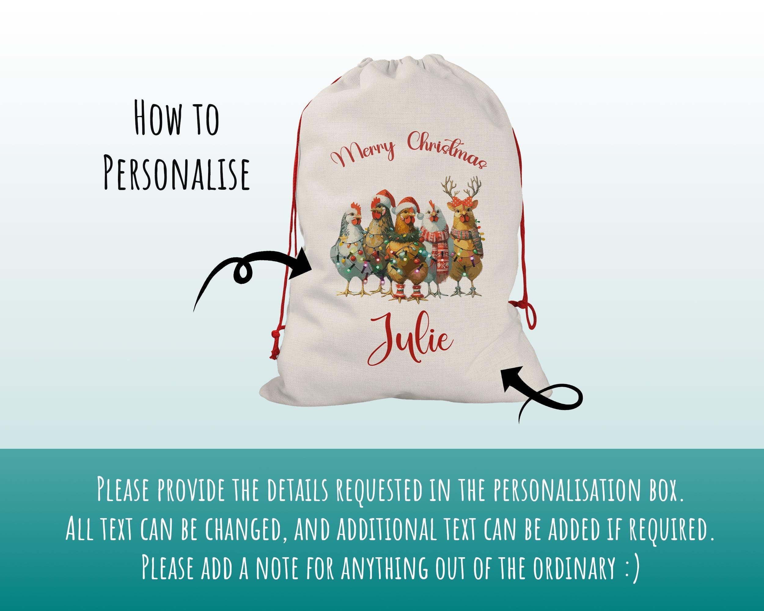 Personalised Christmas Sack - Santa Sack for Kids Presents Xmas Chickens and Lights Design Stocking Christmas Eve Bag for Girls & Boys XS052