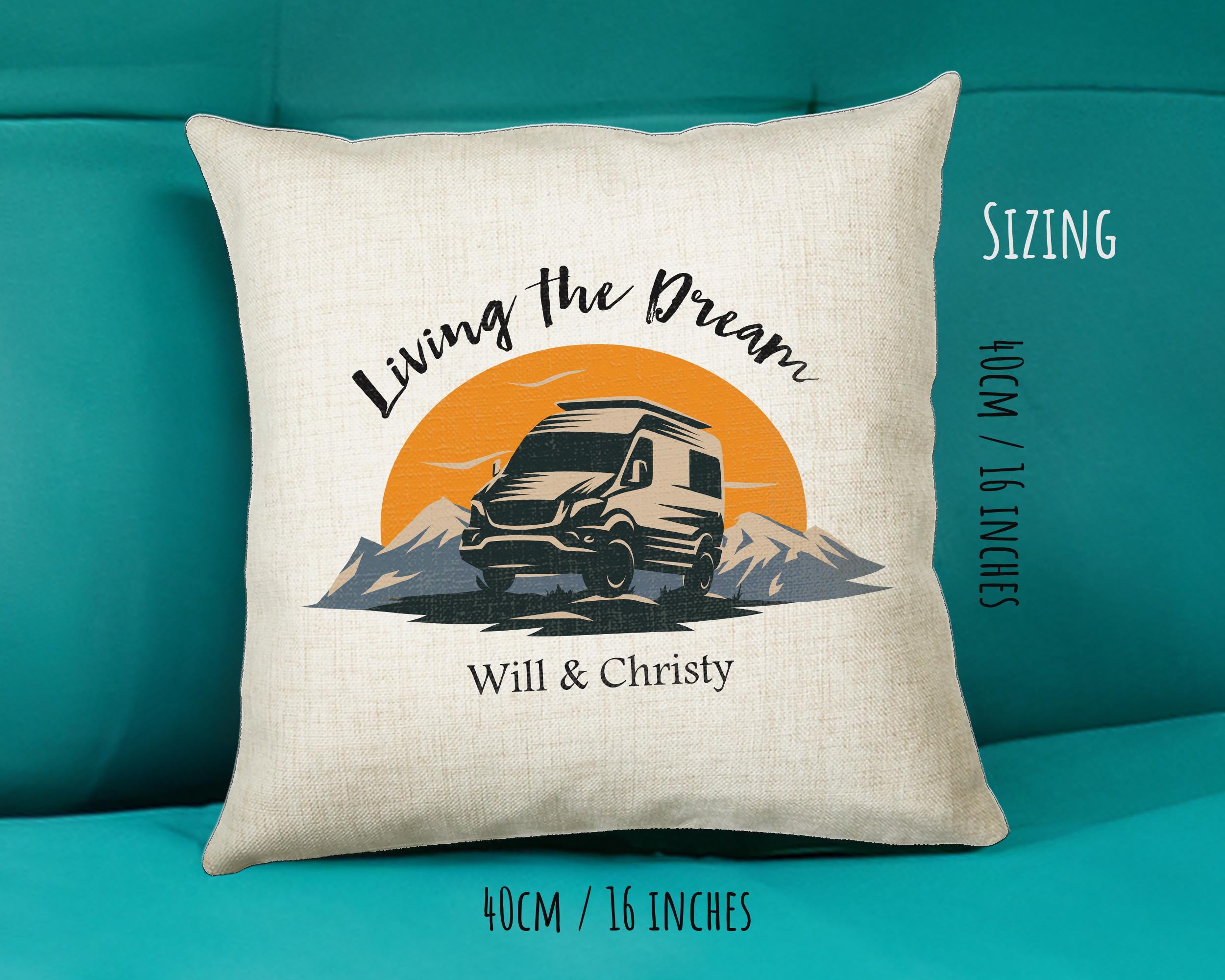 Personalised Caravan Camping Lovers Cushion Gift Mountains Sunset Design For Caravan Motorhome Owners Enthusiasts CS197