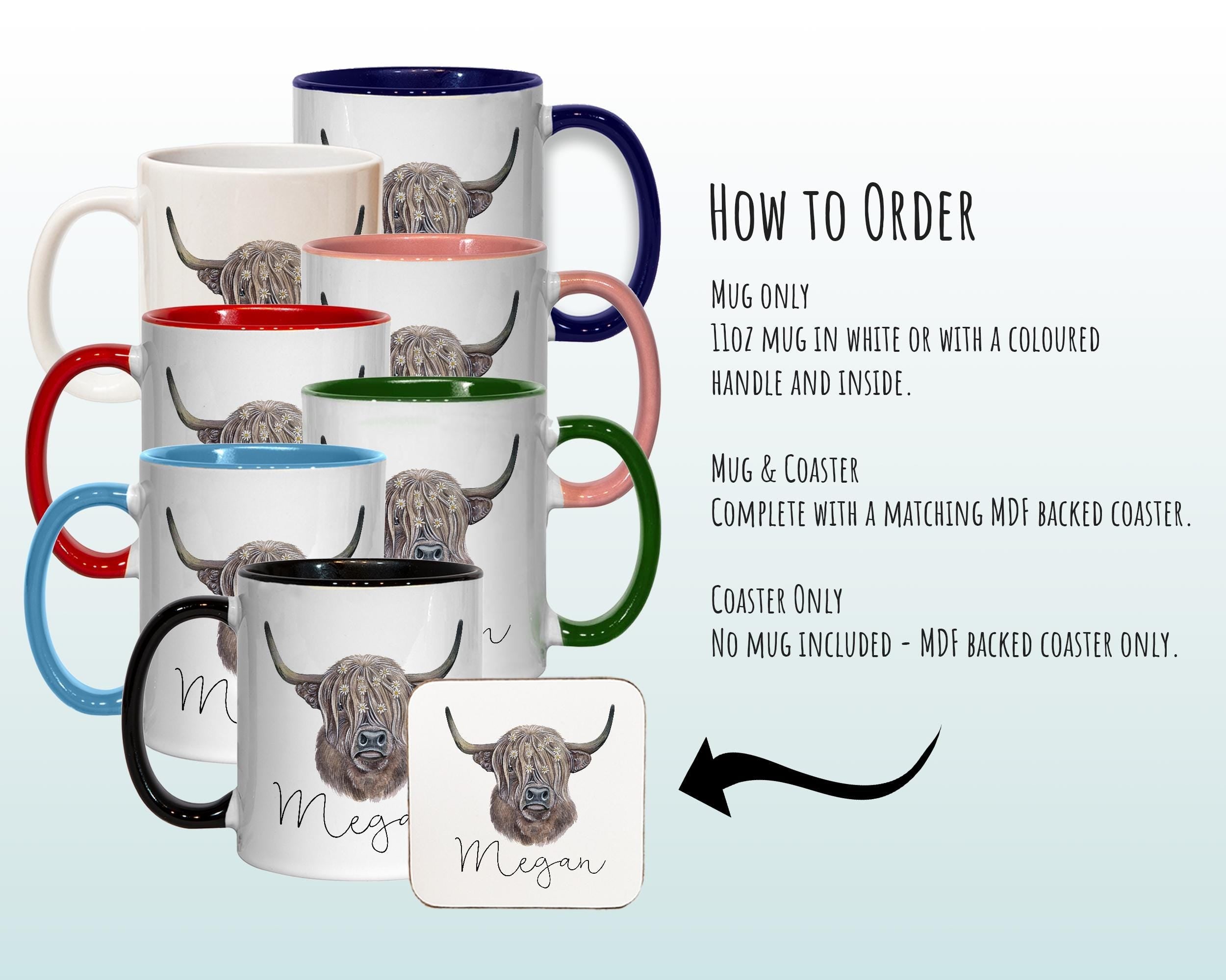 Personalised Highland Cow Mug Gift - Great Gifts for Animal Cow Lovers Watercolour Bovine Flowers Highland Cattle Design Mug Coaster MGZ306