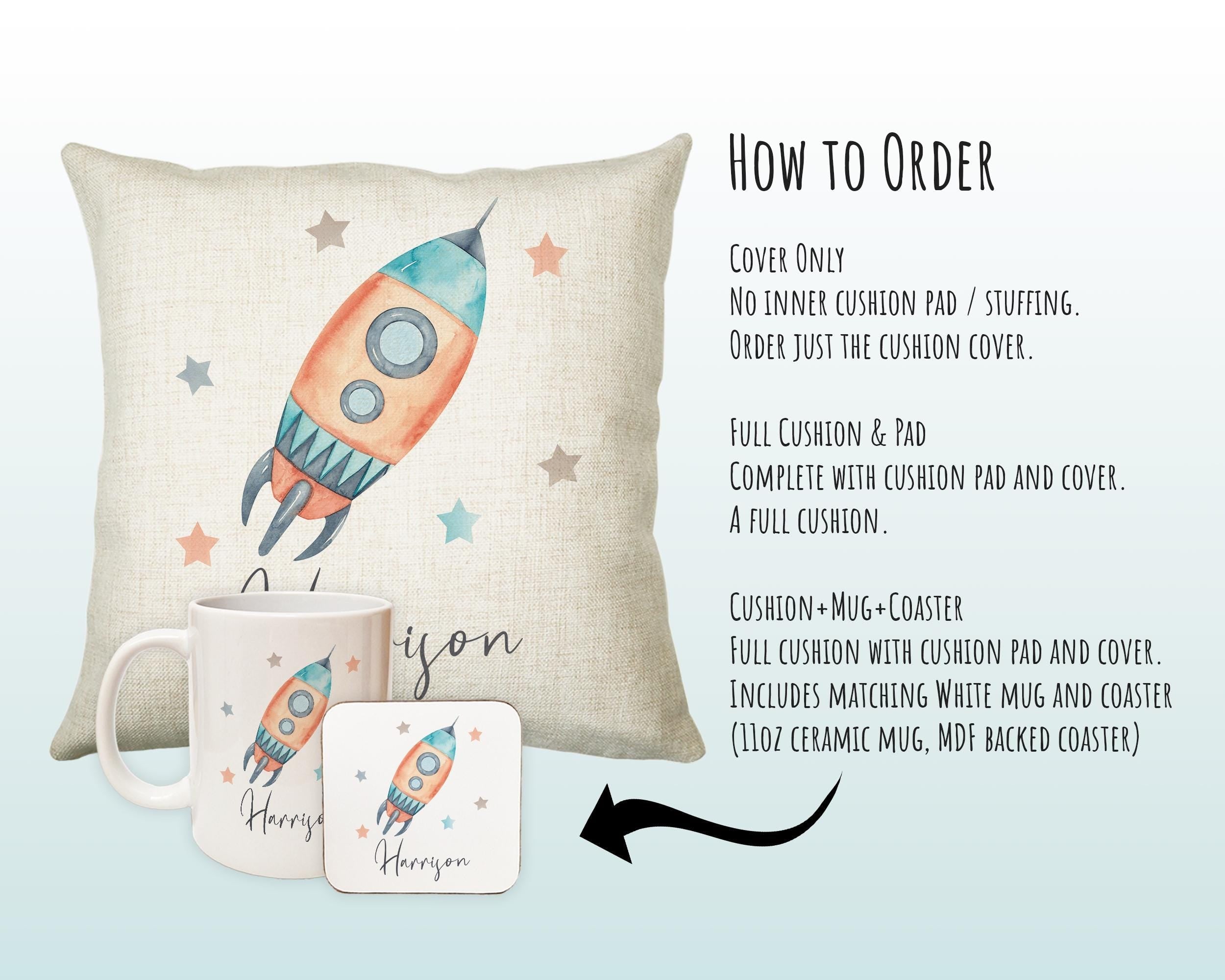 Personalised Space Rocket Cushion Gift Printed Name Design - Pillow Gift For Girls Boys Nursery Bedroom Decor Gift CS249