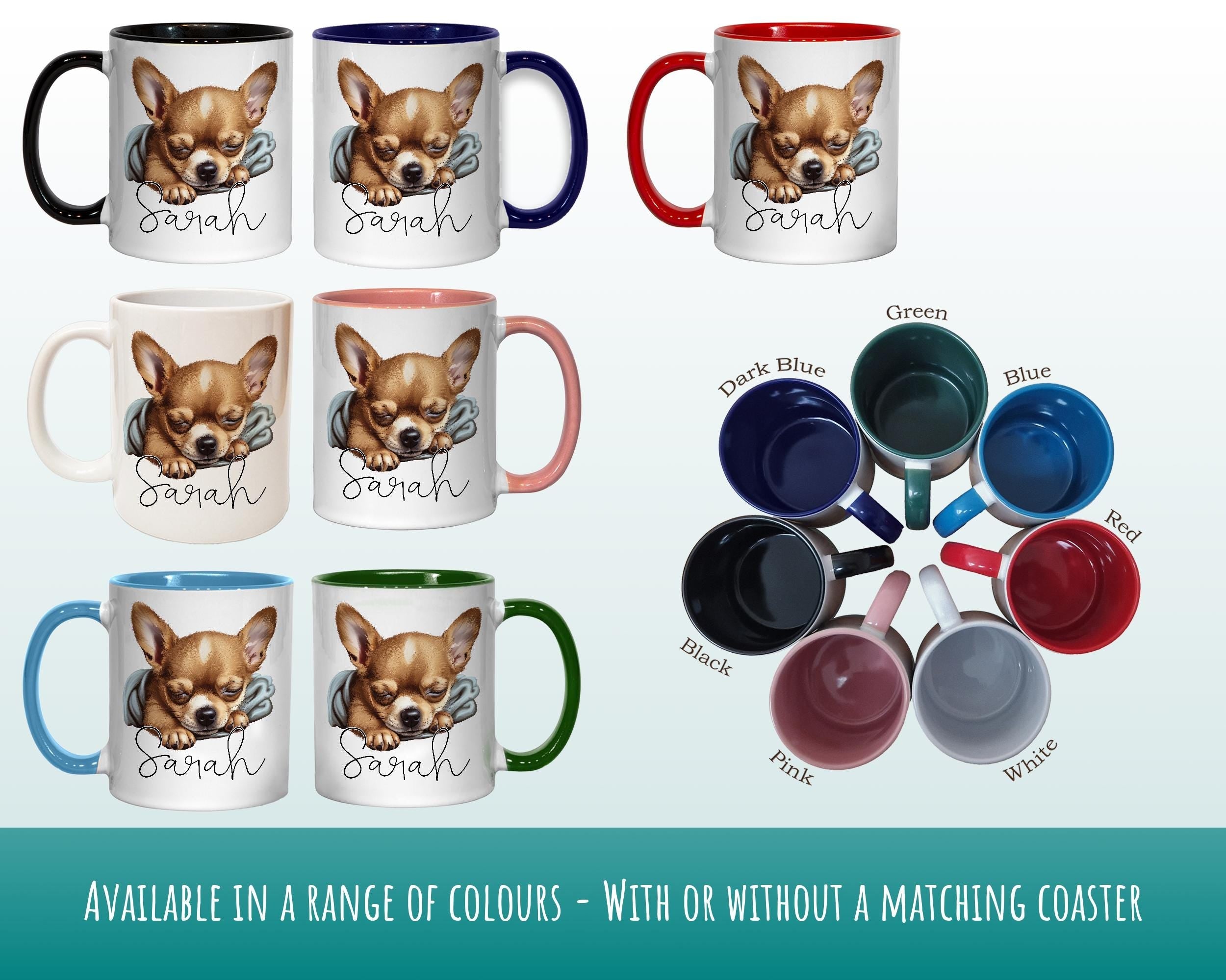 Personalised Chihuahua Dog Gift Mug - Ceramic Coffee Tea Chocolate Mug Coaster Sleeping Puppy Design Dog Mum Dad Owner Secret Santa MG0913