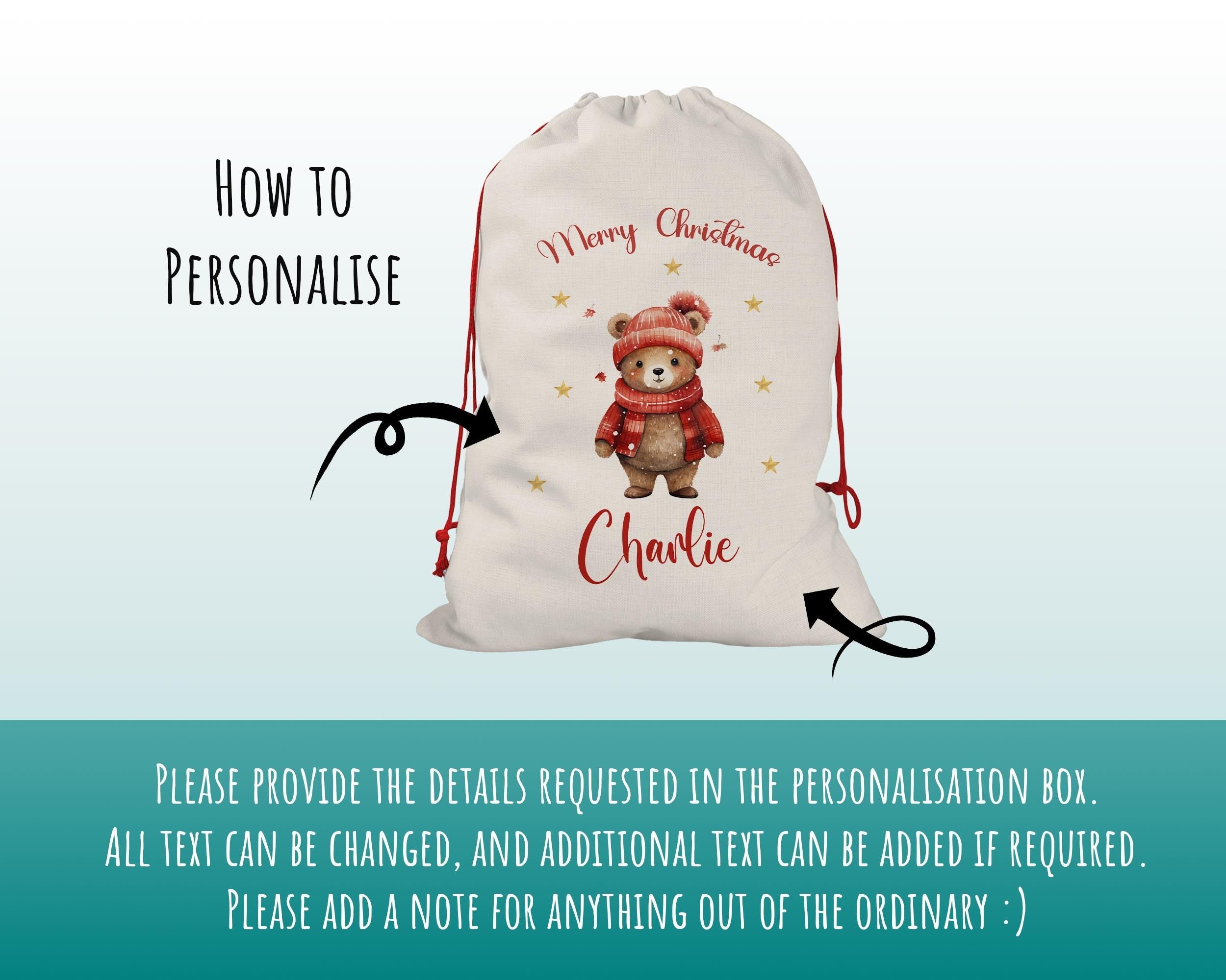 Personalised Christmas Sack - Santa Sack for Kids Presents Xmas Cute Bear Design Stocking Christmas Eve Bag Box for Girls & Boys XS036