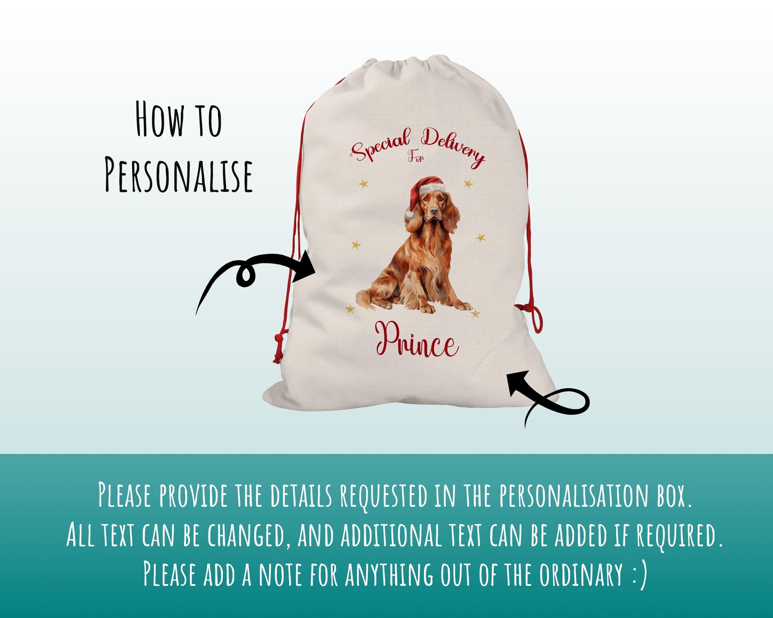 Personalised Irish Setter Large Christmas Sack - Red Drawstring Bag for Xmas Presents - Christmas Eve Bag Box Decoration for Dogs XS114