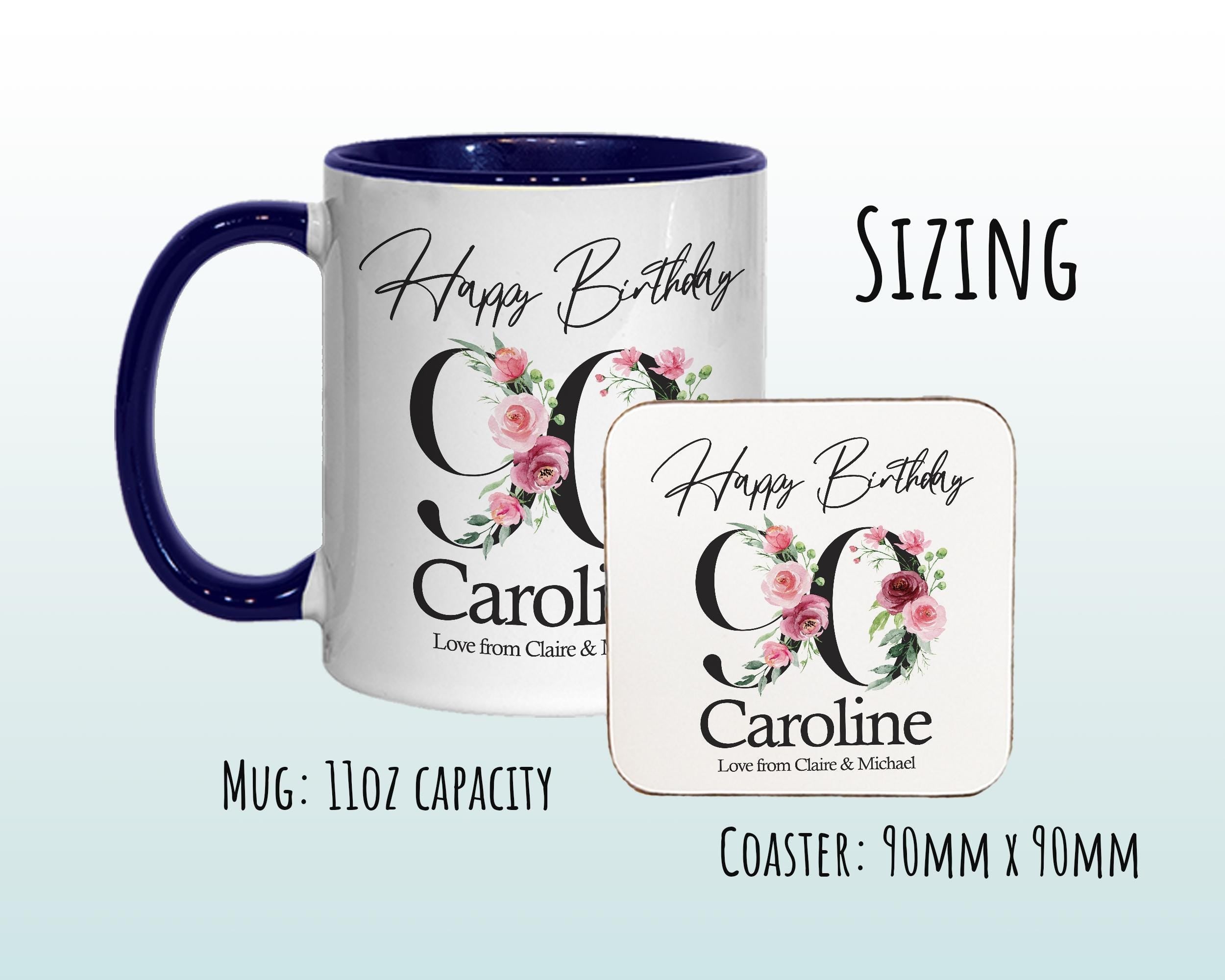 90th Birthday Gift for Women - Personalised Coffee Mug & Coaster - Age 90 Gift for Her - Ladies Floral Age Design Mum Nan Gran Ninety BNA90M