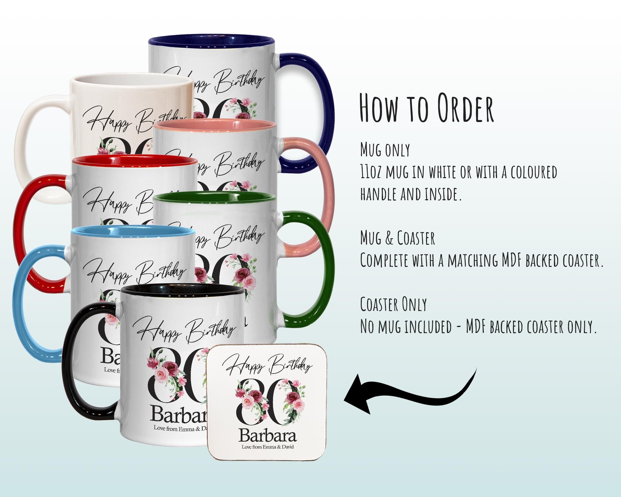 80th Birthday Gift for Women - Personalised Coffee Mug & Coaster - Age 80 Gift for Her - Ladies Floral Age Design Mum Nan Gran Eighty BNA80M