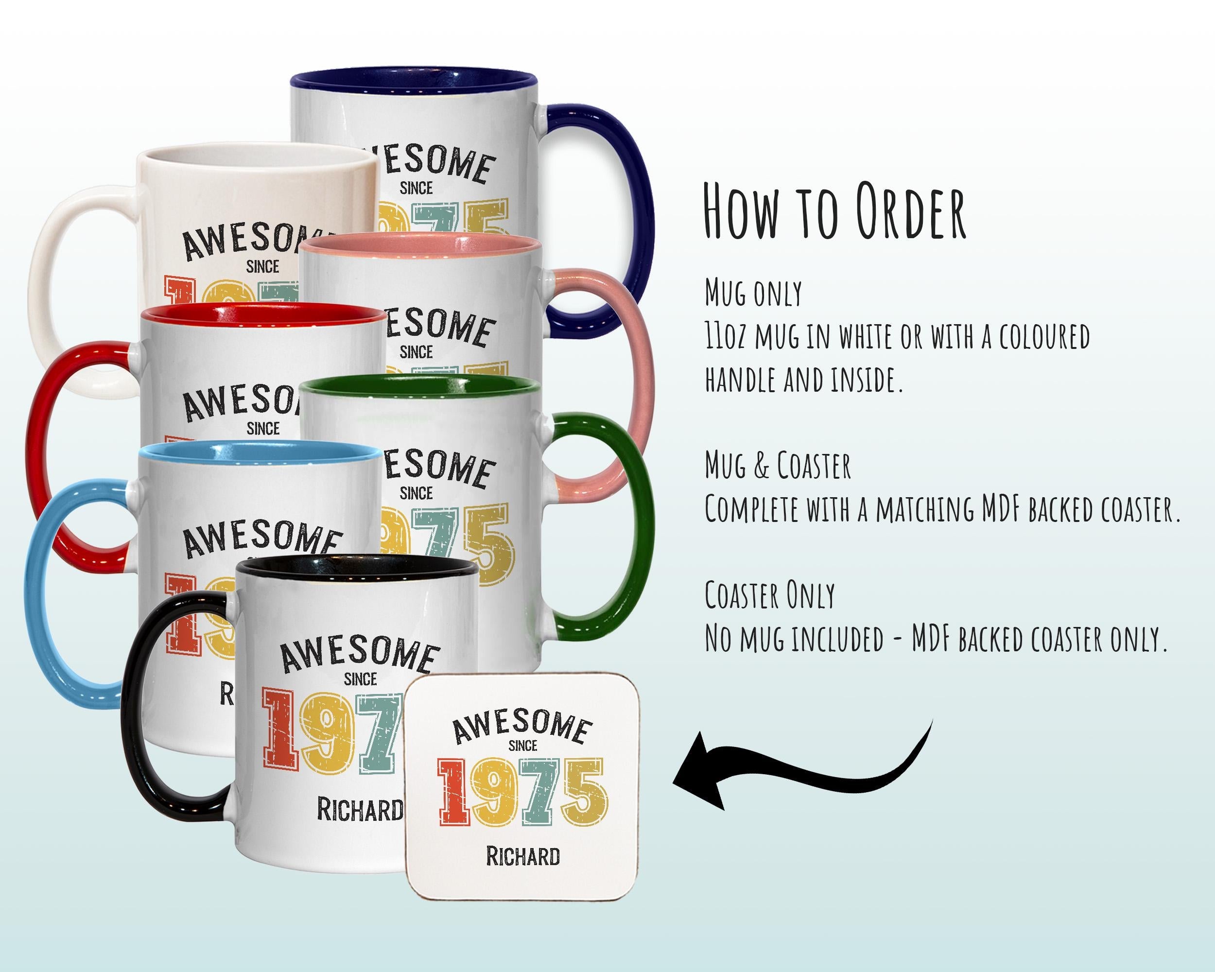 50th Birthday Gift for Men - Awesome Since 1976 Personalised Coffee Mug Coaster Age 50 Gift for Him - Retro Number Design Dad Brother BNG50M