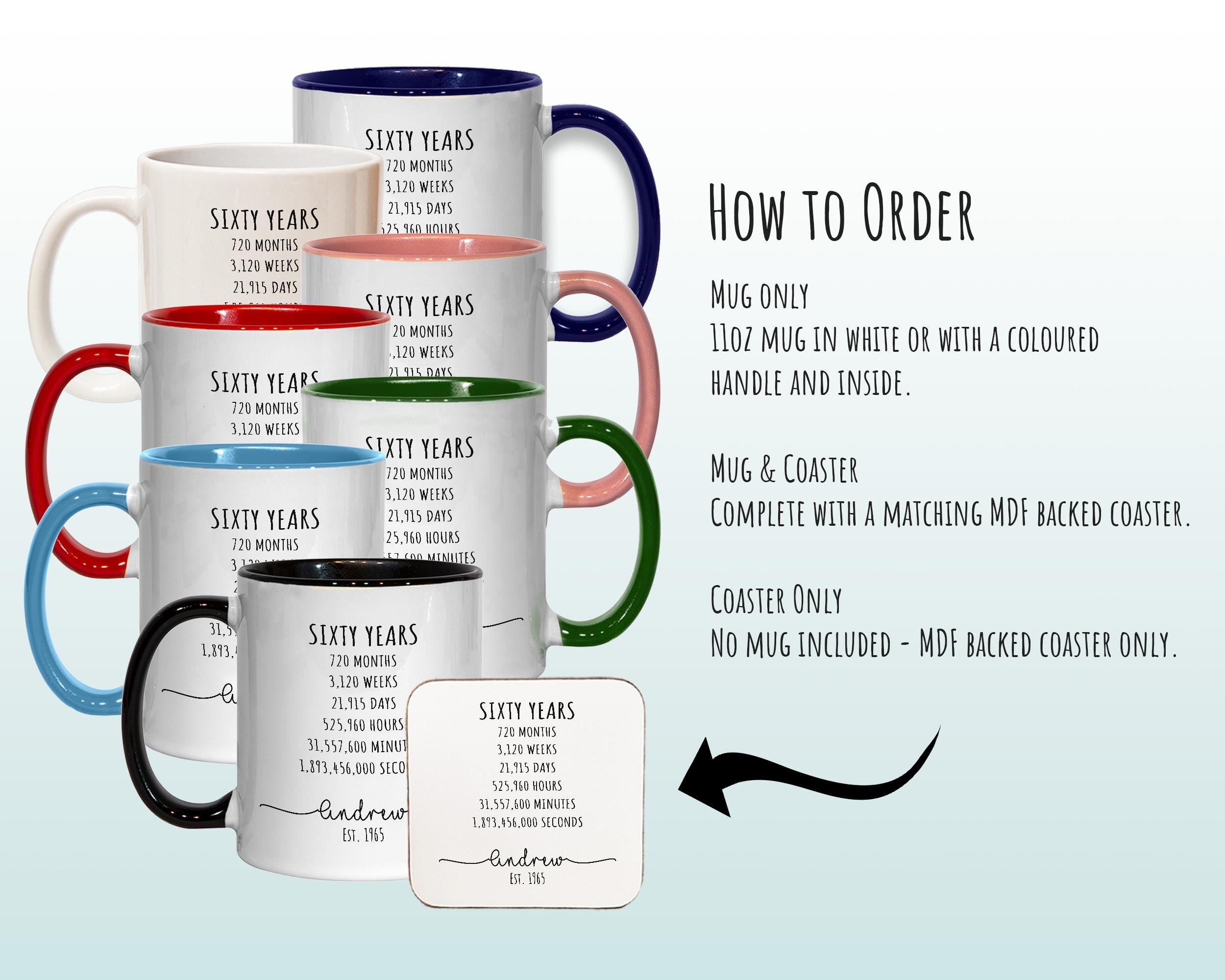 60th Birthday Gift for Men - Personalised Birthday Coffee Mug Coaster Age 60 Gift for Him Mens Lifetime Design Son Dad Grandad Sixty BNE60M