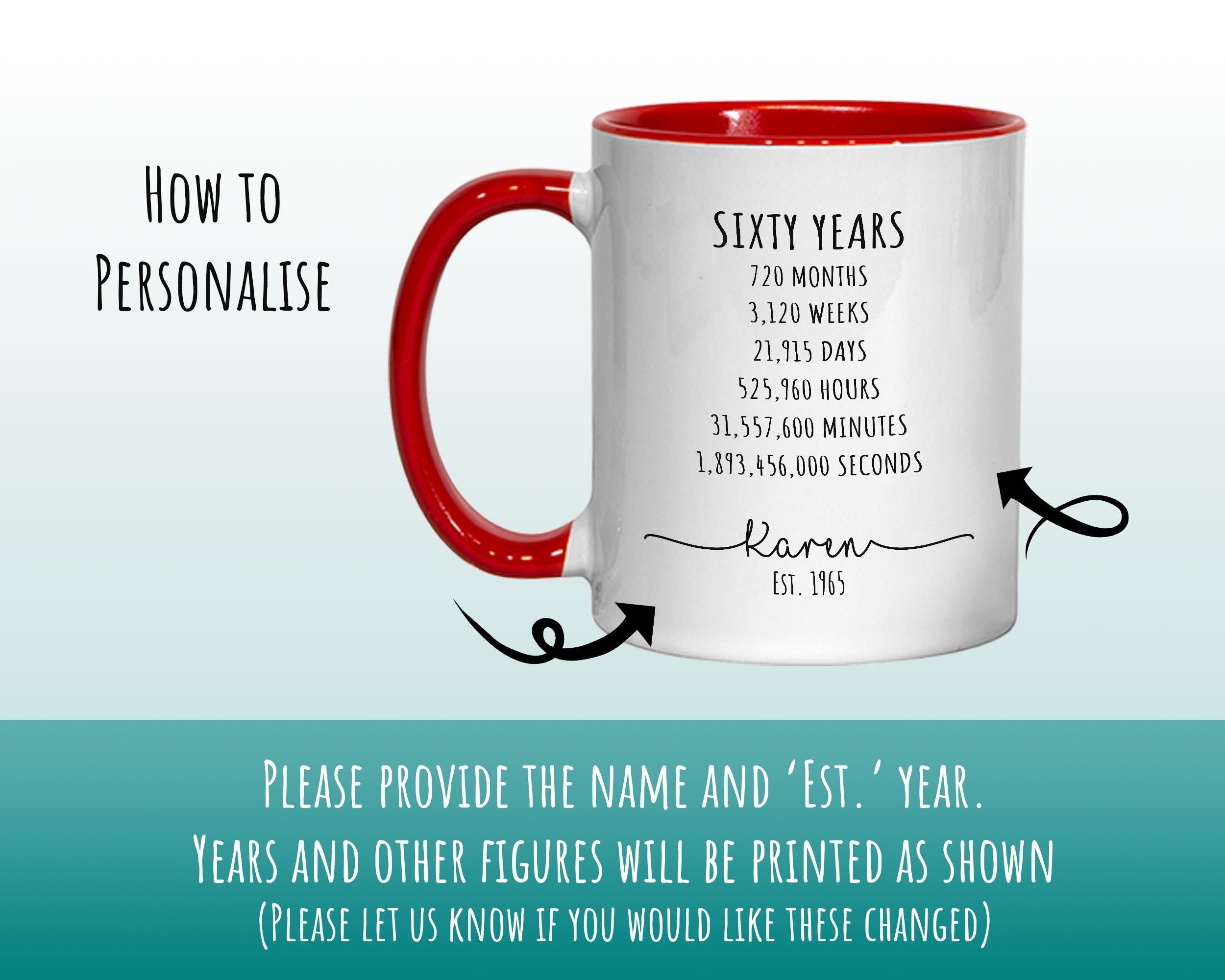 60th Birthday Gift for Her - Personalised Birthday Coffee Mug Coaster Age 60 Gift for Women Lifetime Design Mum Nan Sister Sixty BNE60M