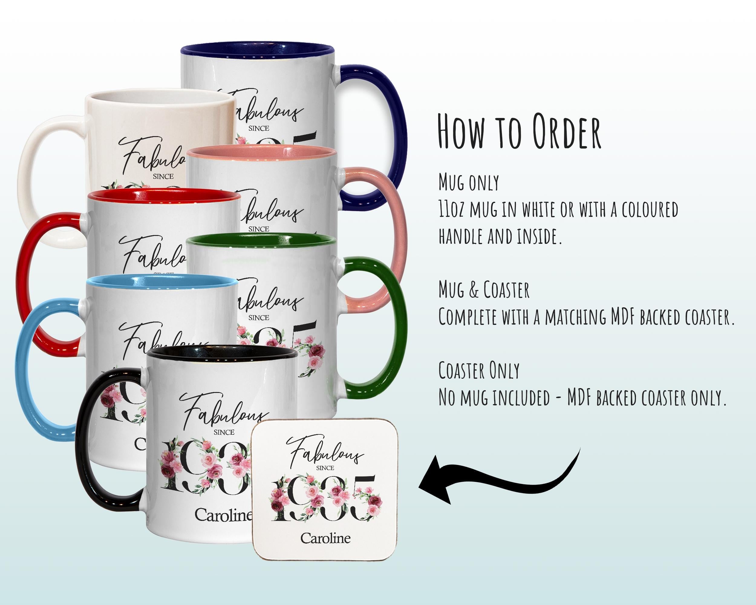 90th Birthday Gift for Women - Fabulous Since 1936 Personalised Coffee Mug Coaster 90 Gift for Her - Ladies Floral Design Nan Gran BNC90M