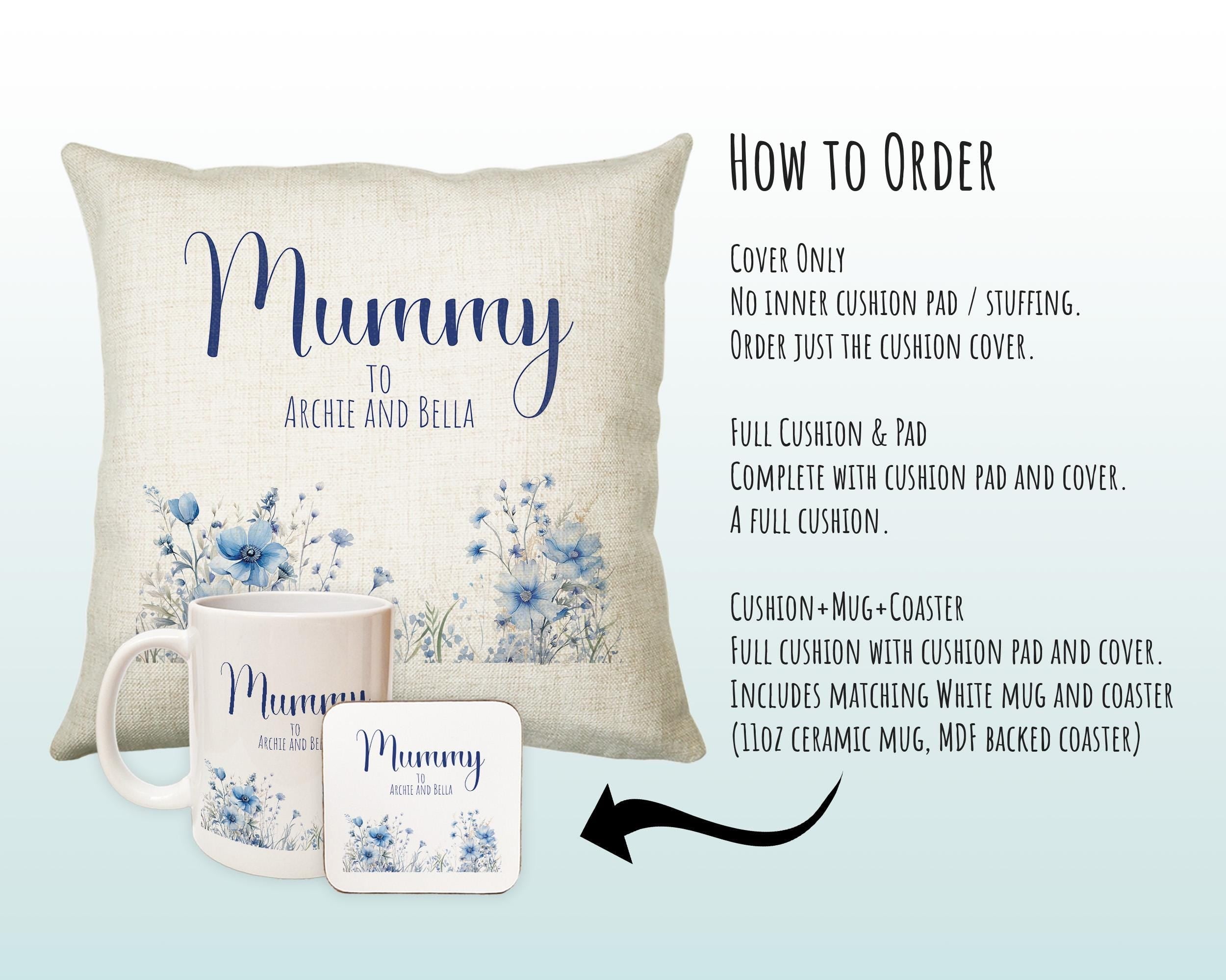 Mummy Gift Cushion - Personalised Scatter Cushion Pillow for Her Women - Blue Wild Flower Design with Custom Name for Mum Mothers Day BC002
