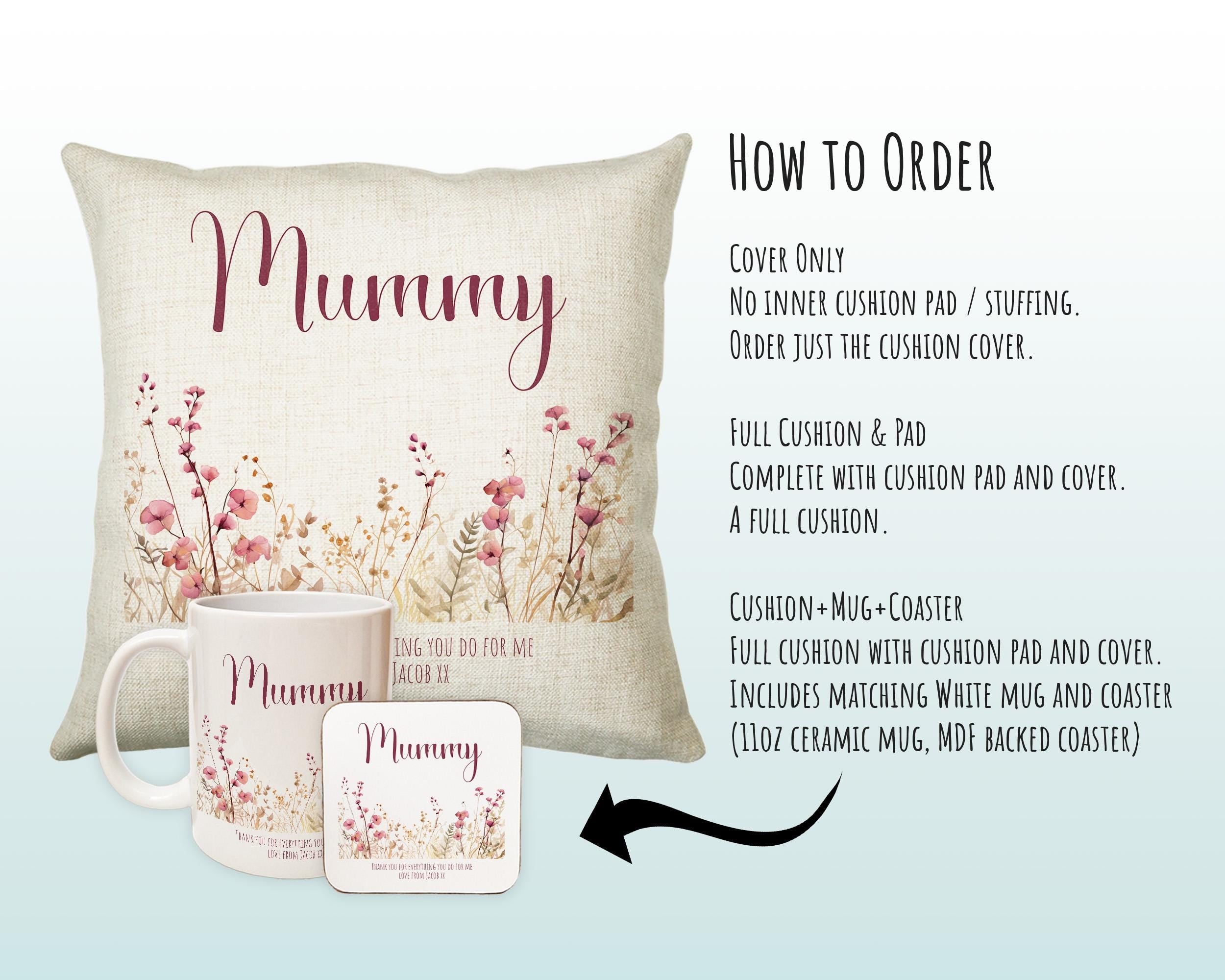 Mummy Gift Cushion - Personalised Scatter Cushion Pillow for Her Women - Pink Wild Flower Design Custom Name Gift for Mum Mothers Day BC003