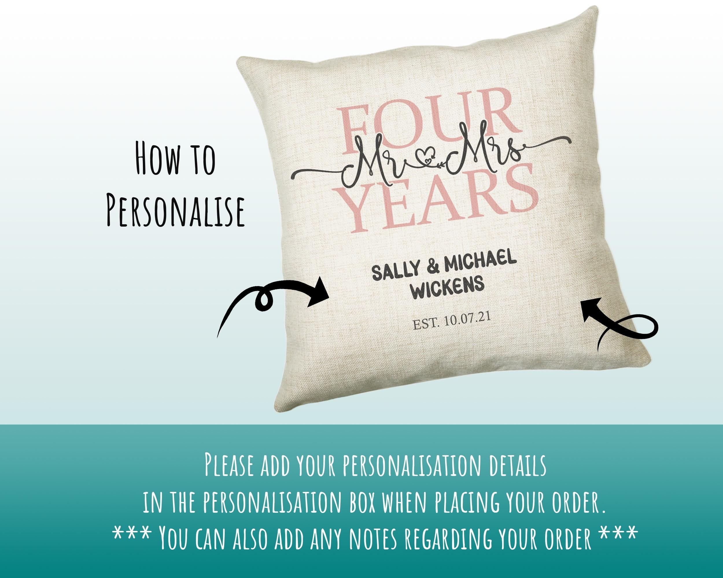 4th Wedding Anniversary Gift for Him for Her - Forth Cotton Anniversary Gift Cushion Personalised with Names Date Mr and Mrs Married BNJ04C