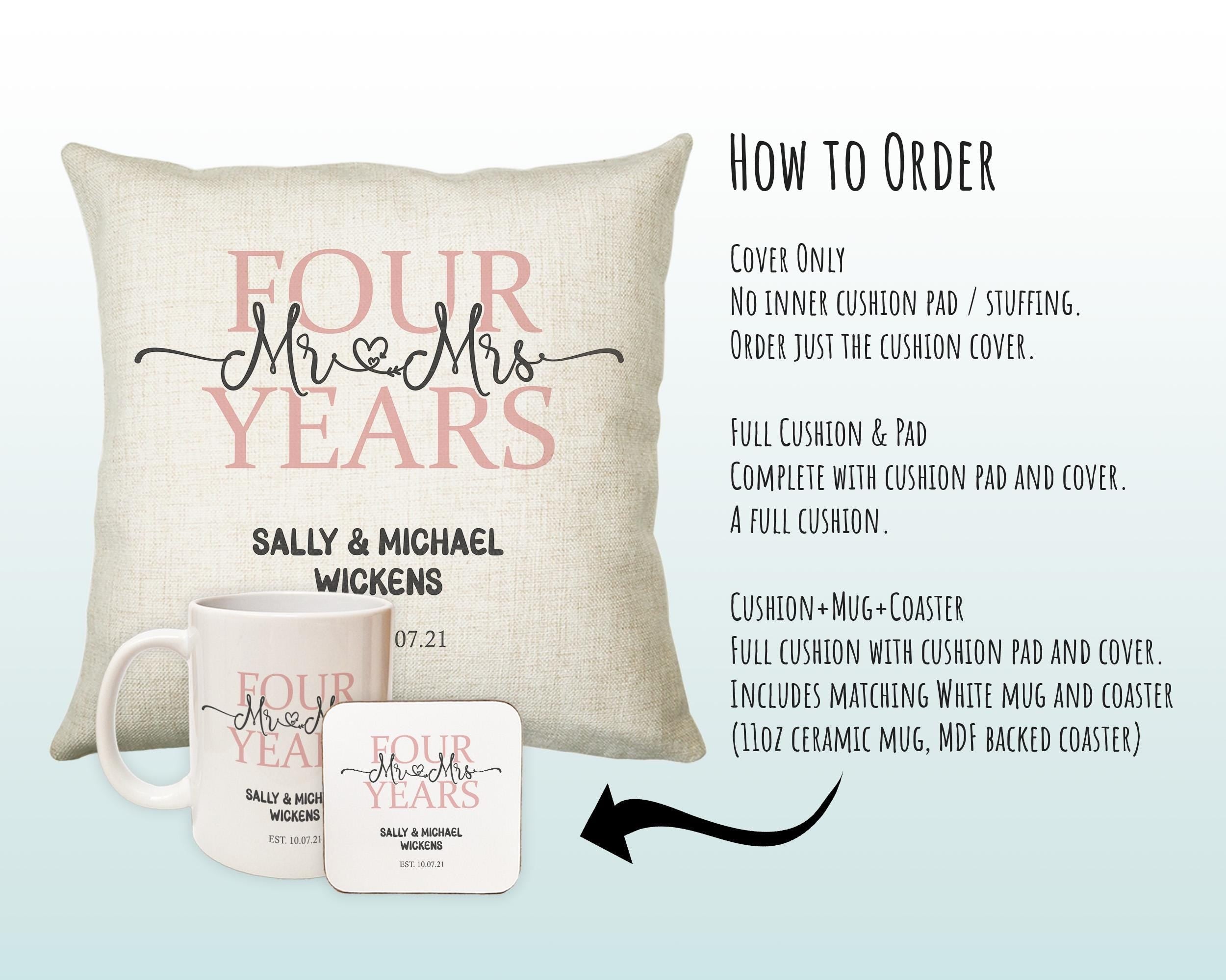 4th Wedding Anniversary Gift for Him for Her - Forth Cotton Anniversary Gift Cushion Personalised with Names Date Mr and Mrs Married BNJ04C