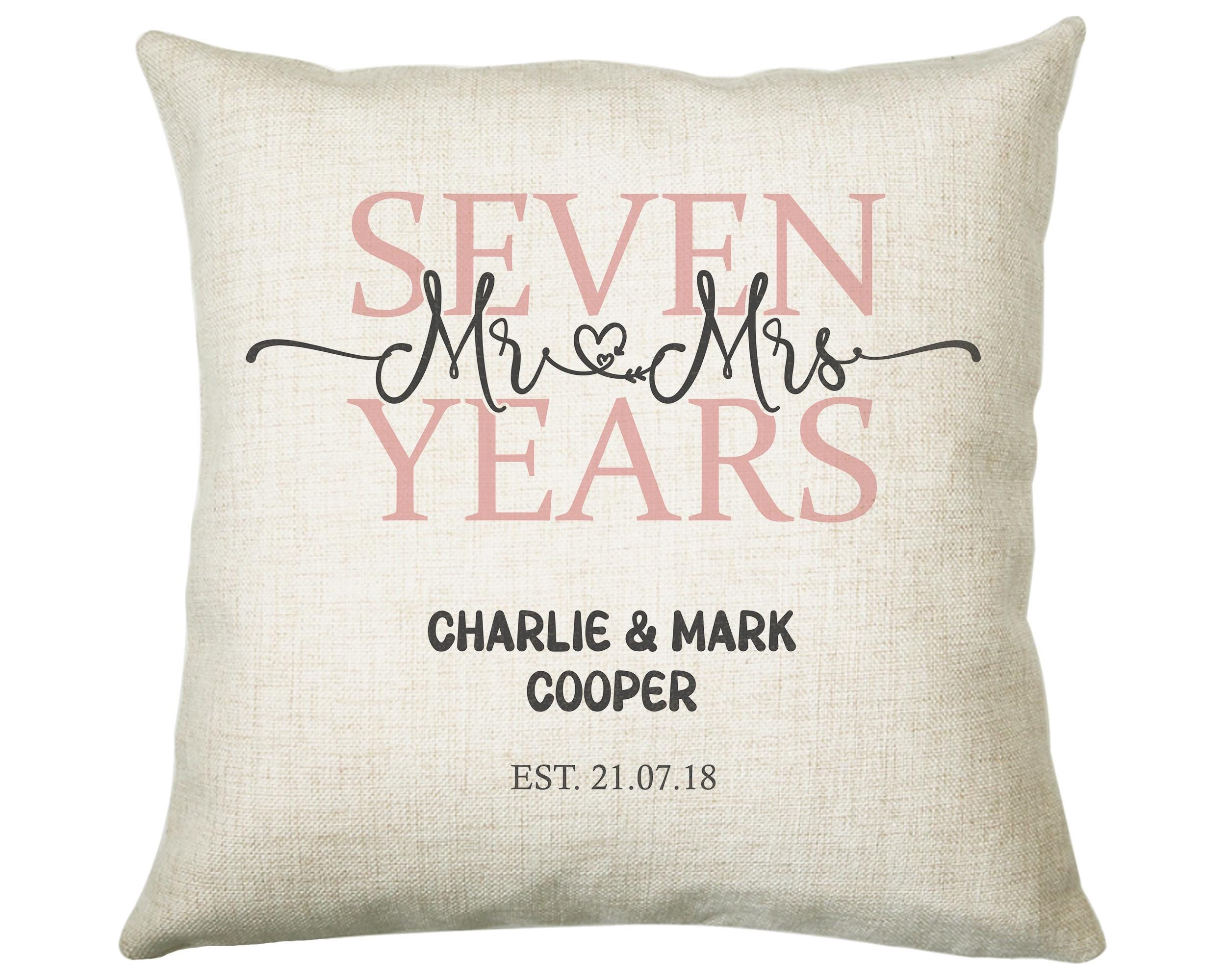 7th Wedding Anniversary Gift for Him for Her - Seventh Cotton Anniversary Gift Cushion Personalised with Names Date Mr and Mrs Married BNJ07