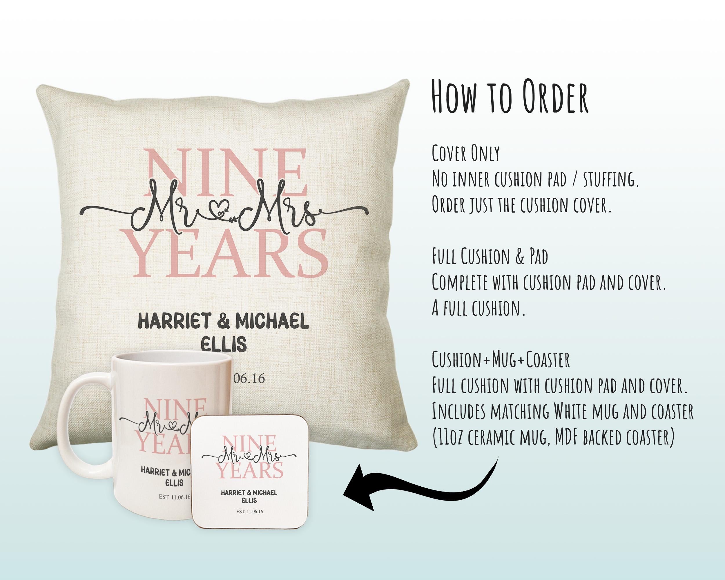 9th Wedding Anniversary Gift for Him for Her - Ninth Cotton Anniversary Gift Cushion Personalised with Names Date Mr and Mrs Married BNJ09C