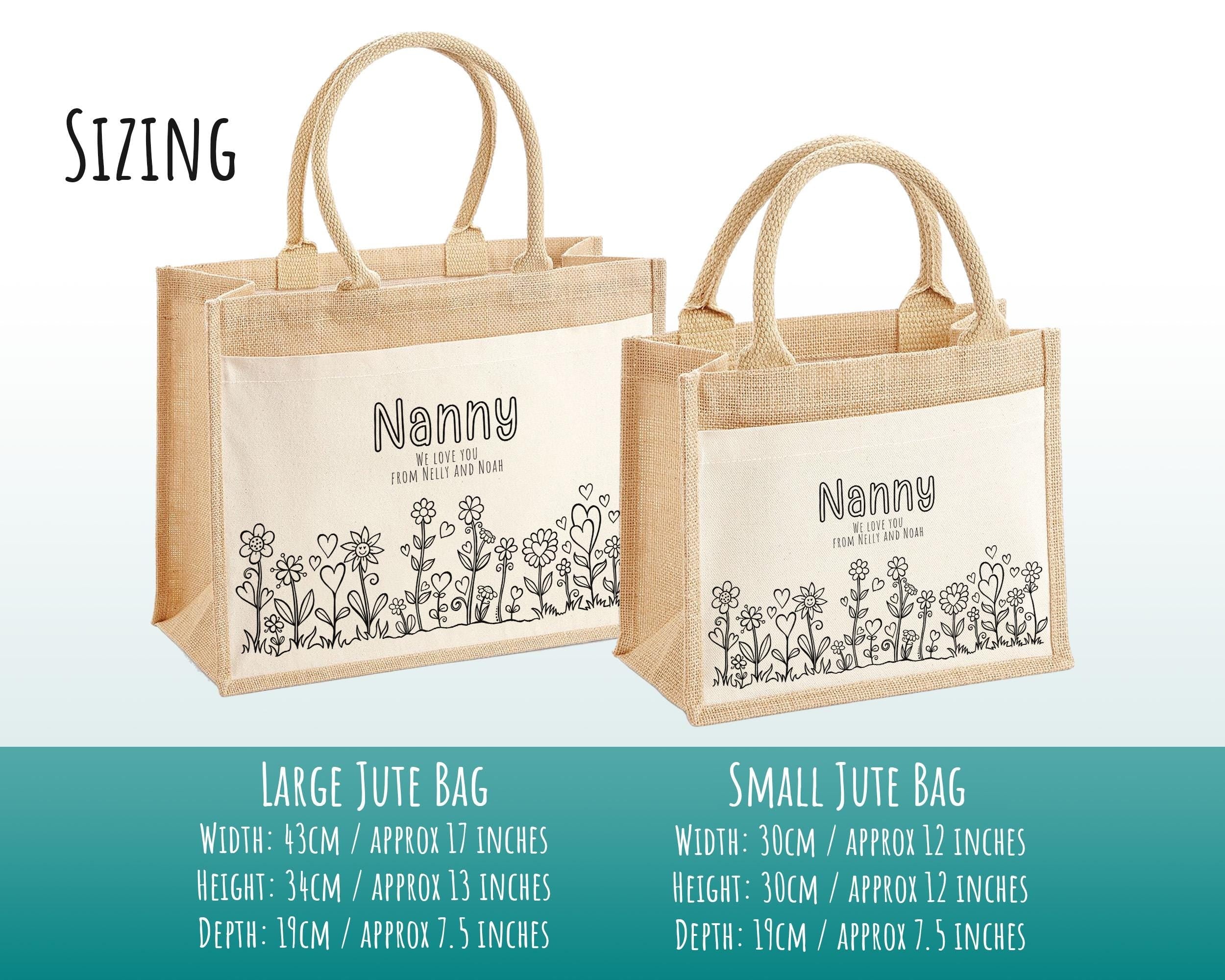 Nanny Gift Personalised Jute Bag - Floral Doodle Tote Bag Gift for Grandma Nan - Custom Shopping Market Bag for Nans Birthday Hearts BT008