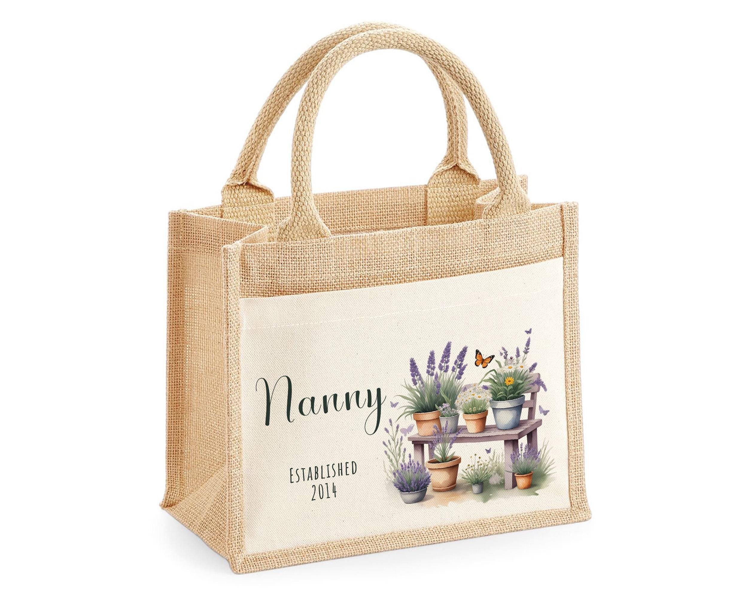 Nanny Gift Personalised Jute Bag - Garden Plants Tote Bag Design Gift for Grandma Nan - Custom Shopping Market Bag for Nans Birthday BT010