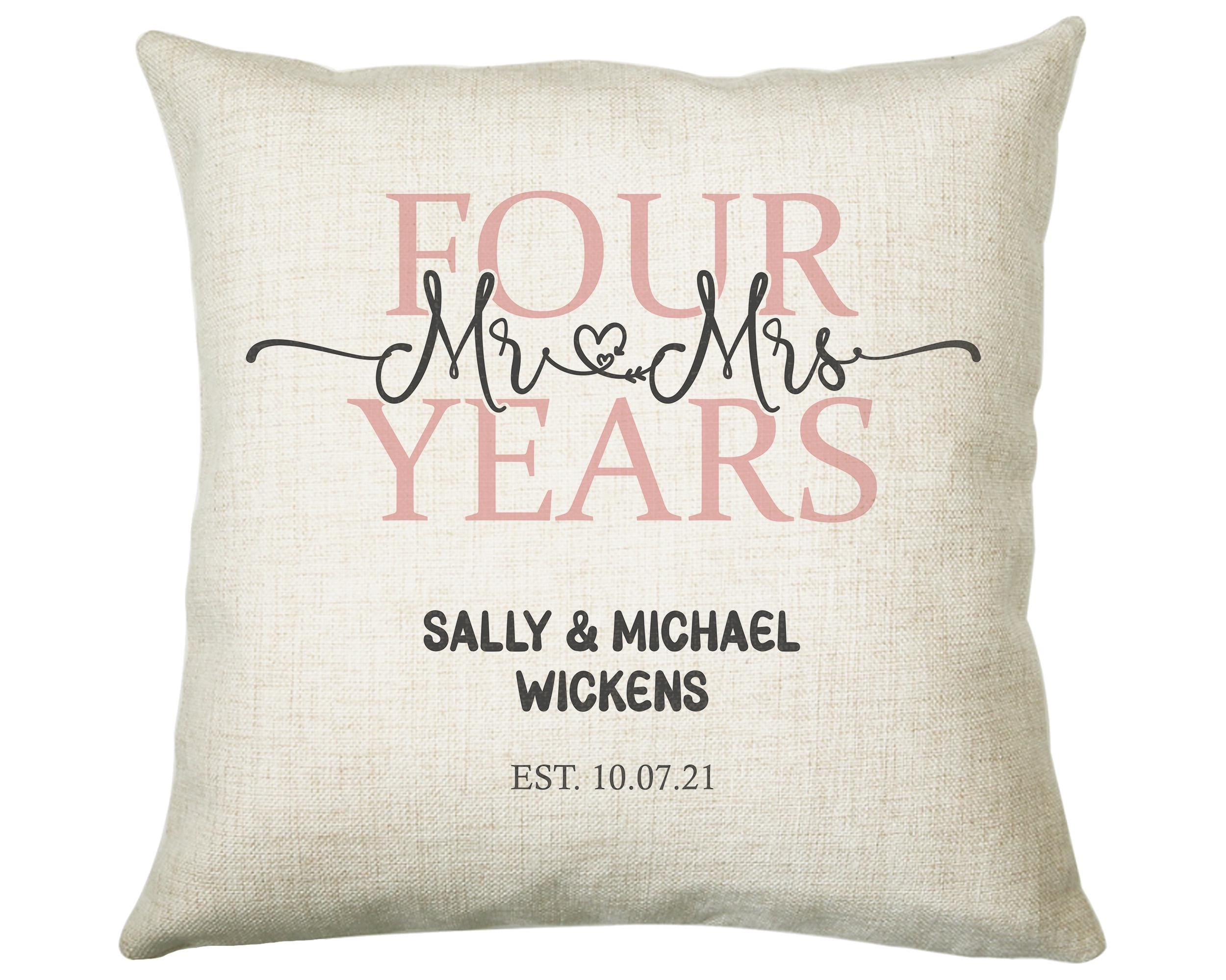 4th Wedding Anniversary Gift for Him for Her - Forth Cotton Anniversary Gift Cushion Personalised with Names Date Mr and Mrs Married BNJ04C