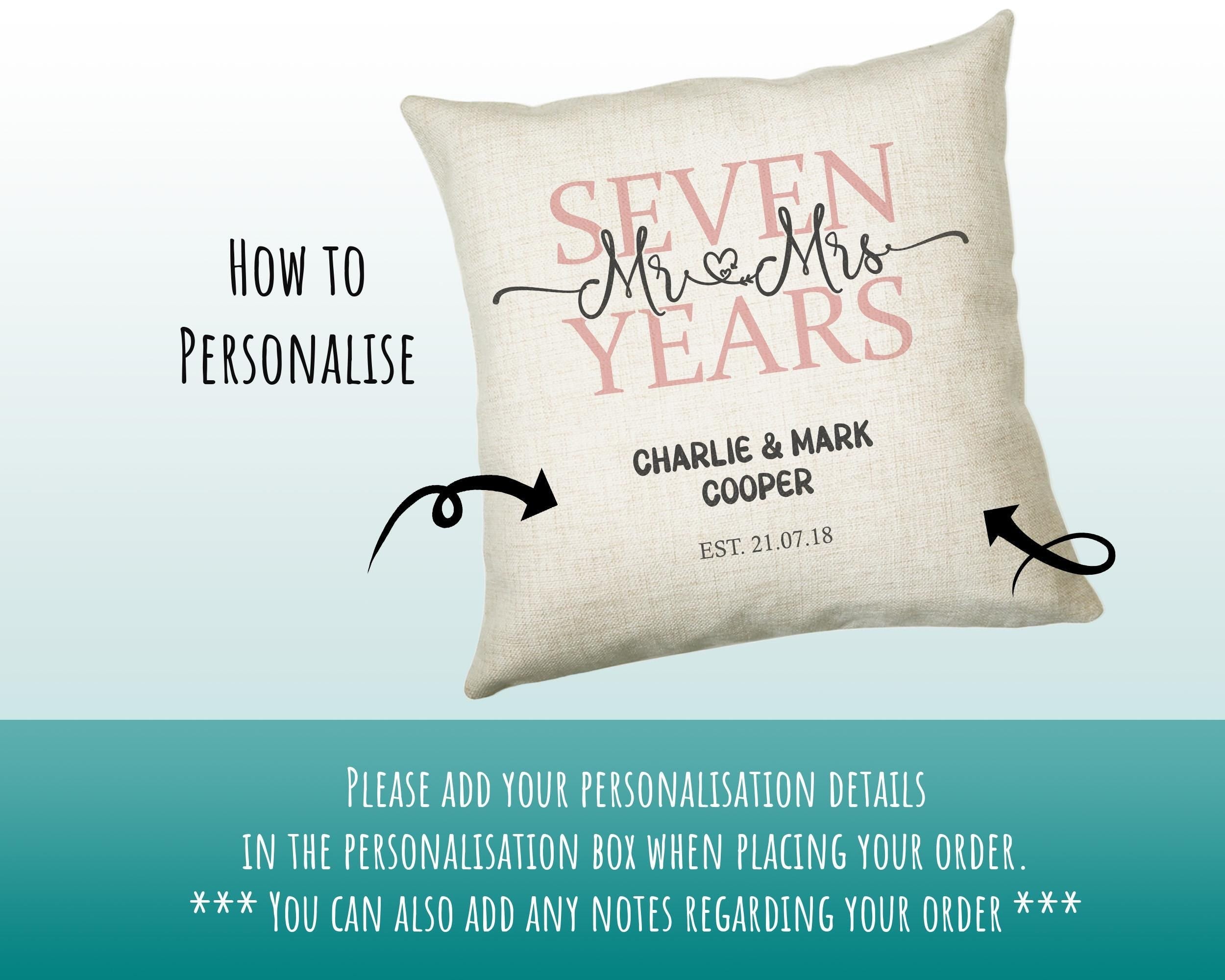 7th Wedding Anniversary Gift for Him for Her - Seventh Cotton Anniversary Gift Cushion Personalised with Names Date Mr and Mrs Married BNJ07