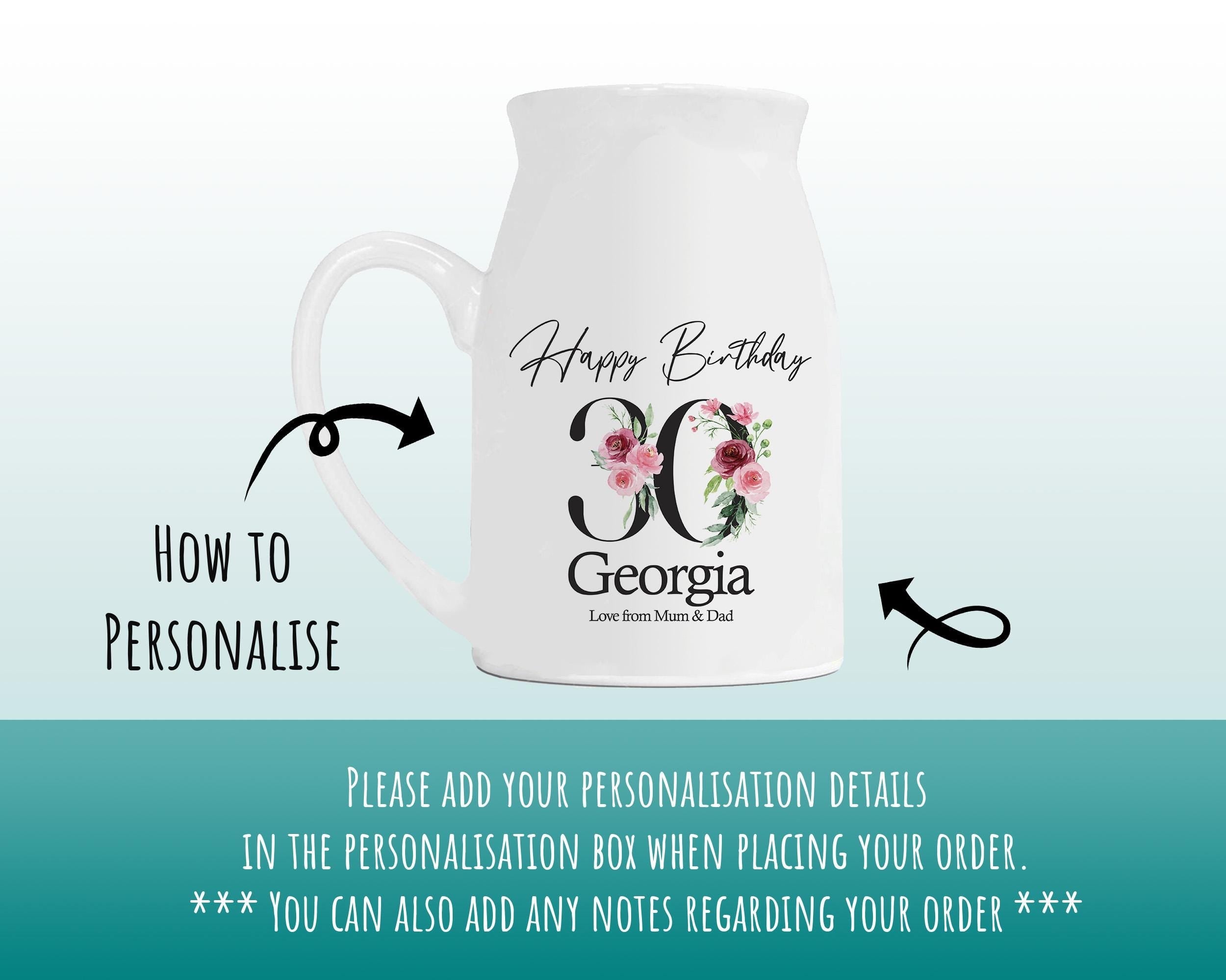 30th Birthday Gift for Her - Happy Birthday 30 Small Personalised Flower Pot Vase 1996 Gifts for Women Floral Design Daughter Sister BNA30
