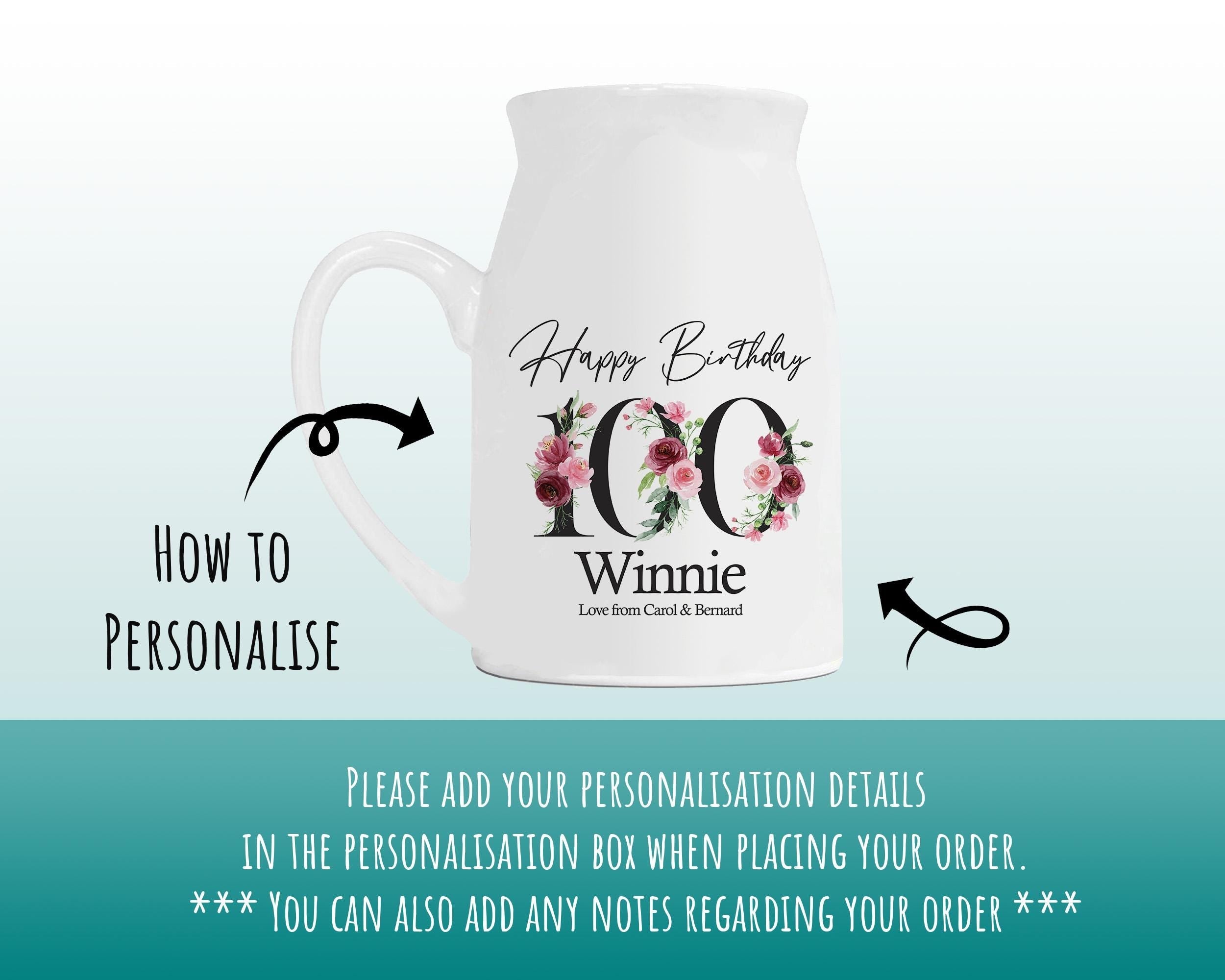 100th Birthday Gift for Women - Happy Birthday 100 Small Personalised Flower Pot Vase 1926 Gift for Her Ladies Floral Design Grandma BNA100