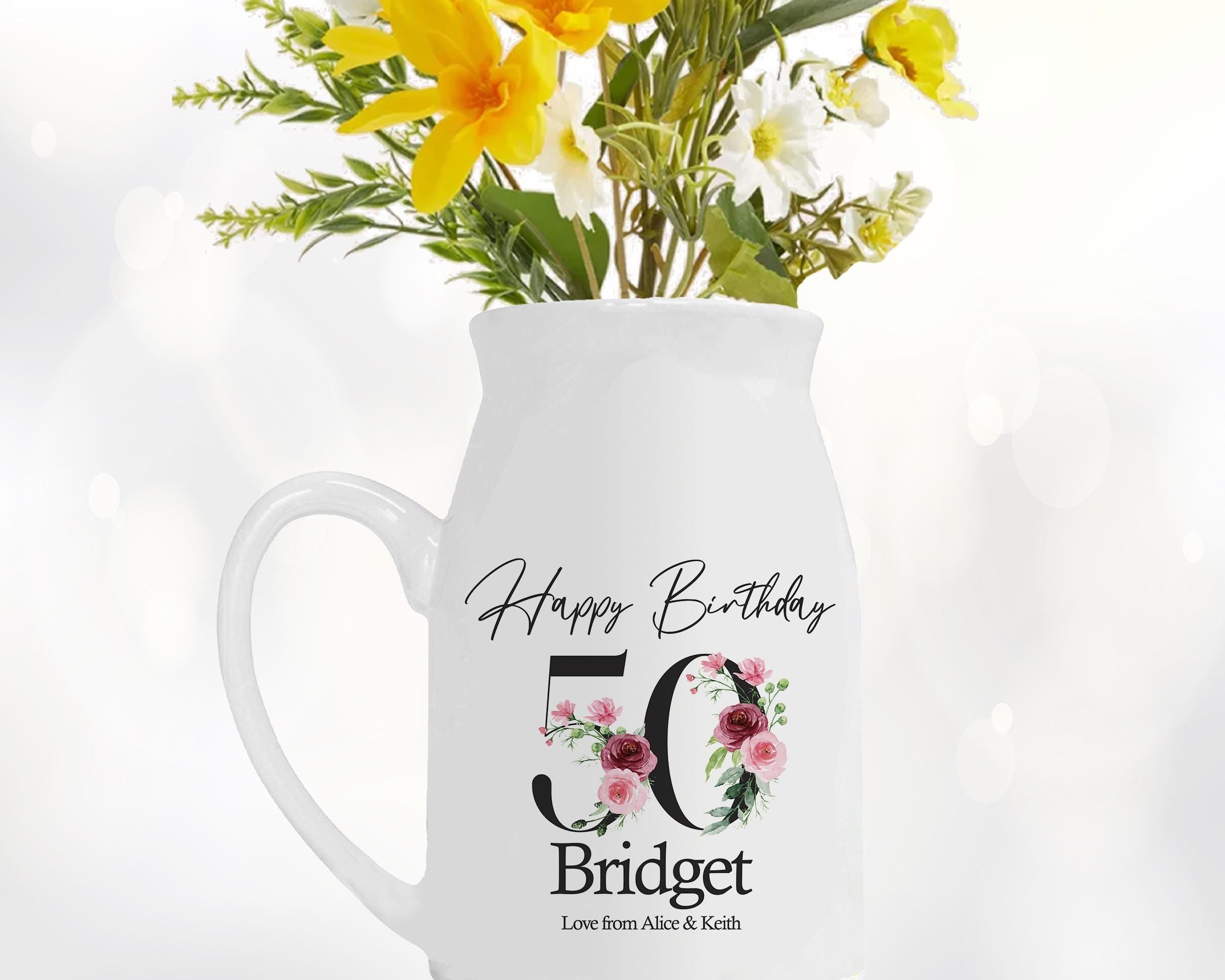 50th Birthday Gift for Women - Happy Birthday 50 Small Personalised Flower Pot Vase 1976 Gift for Her Ladies Floral Design Mum Nan BNA50