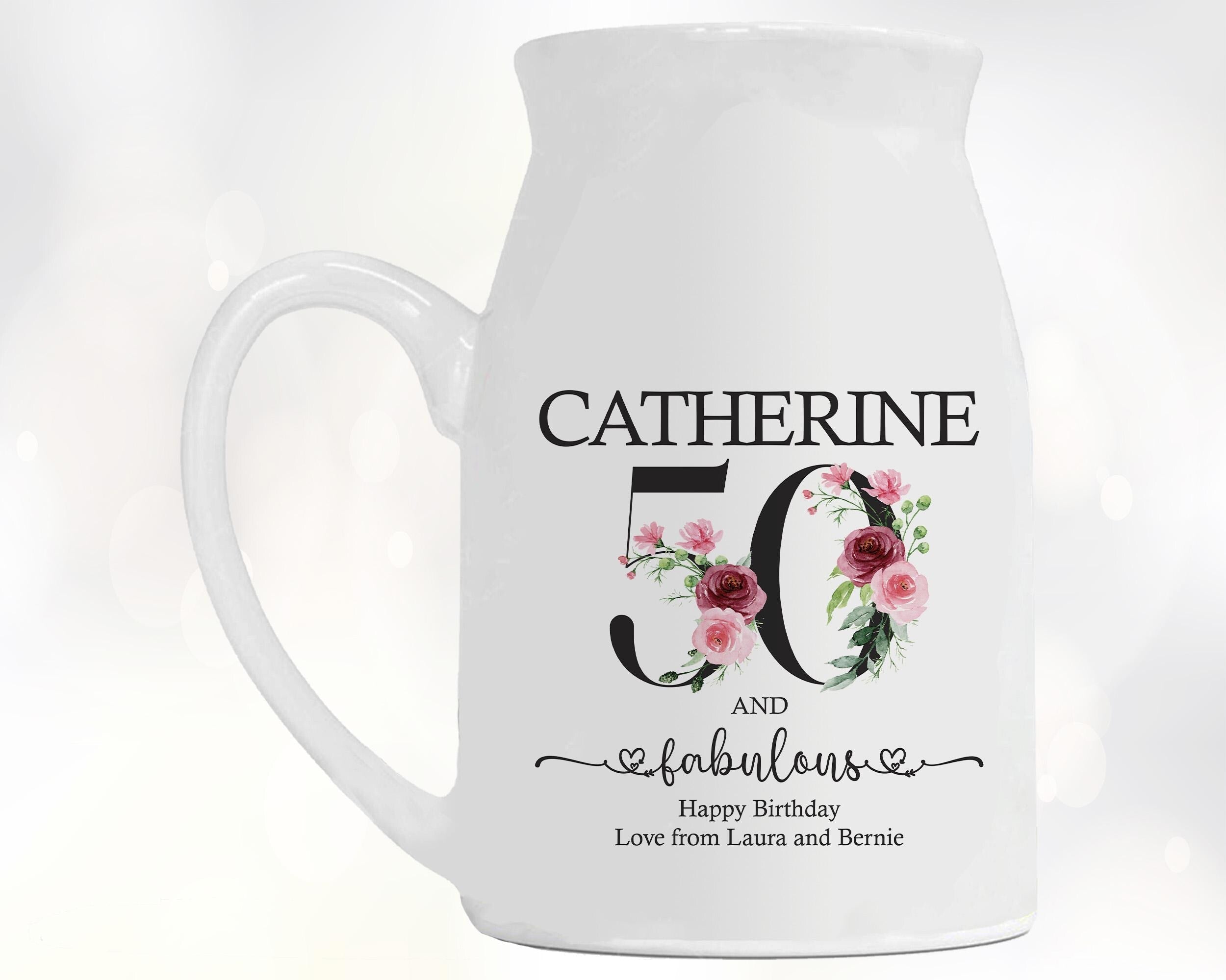 50th Birthday Gift for Women - 50 and Fabulous Small Personalised Flower Pot Vase 1976 Gift for Her Ladies Floral Design Mum Nan BNK50