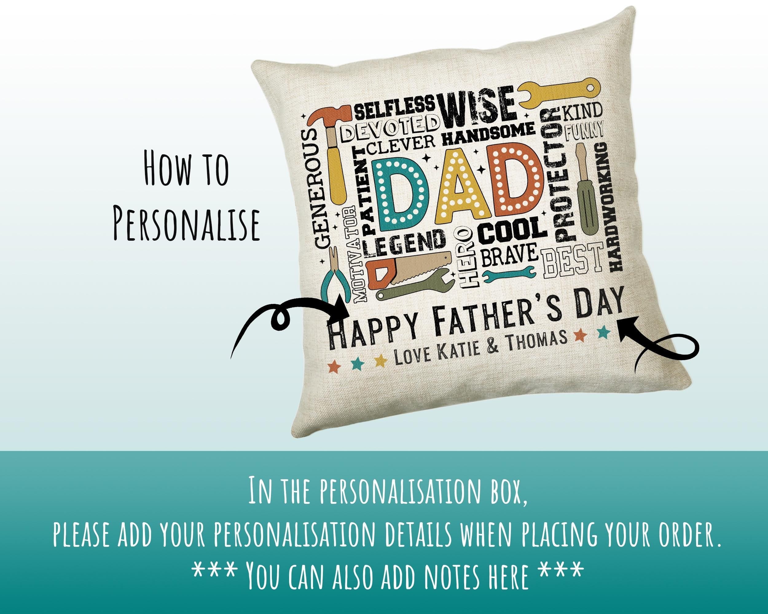 Fathers Day Gift from Son Daughter - Personalised Dad Tools Design Scatter Cushion Matching Daddy Mug Coaster Gift Bundle Gift for Dad FD013