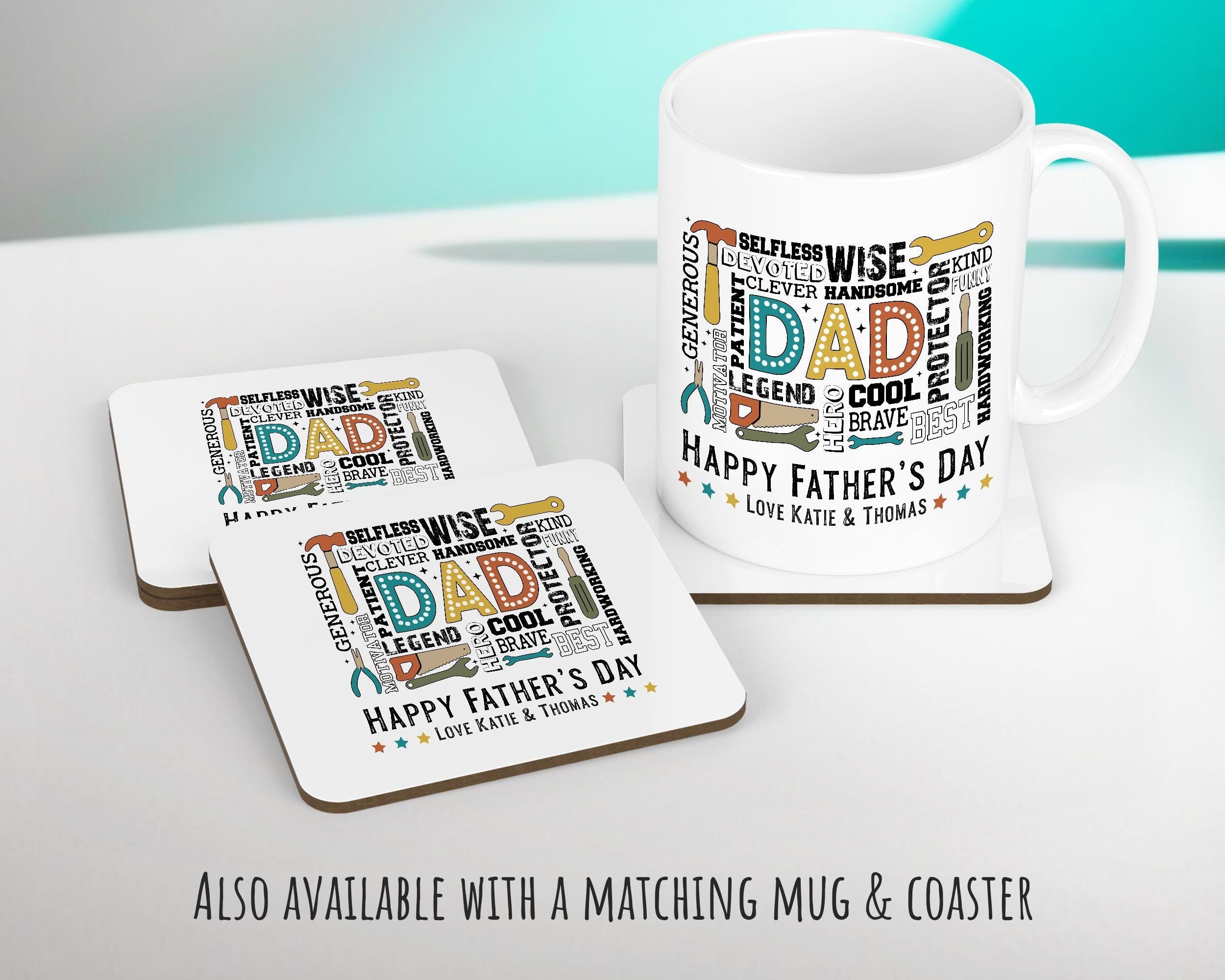 Fathers Day Gift from Son Daughter - Personalised Dad Tools Design Scatter Cushion Matching Daddy Mug Coaster Gift Bundle Gift for Dad FD013