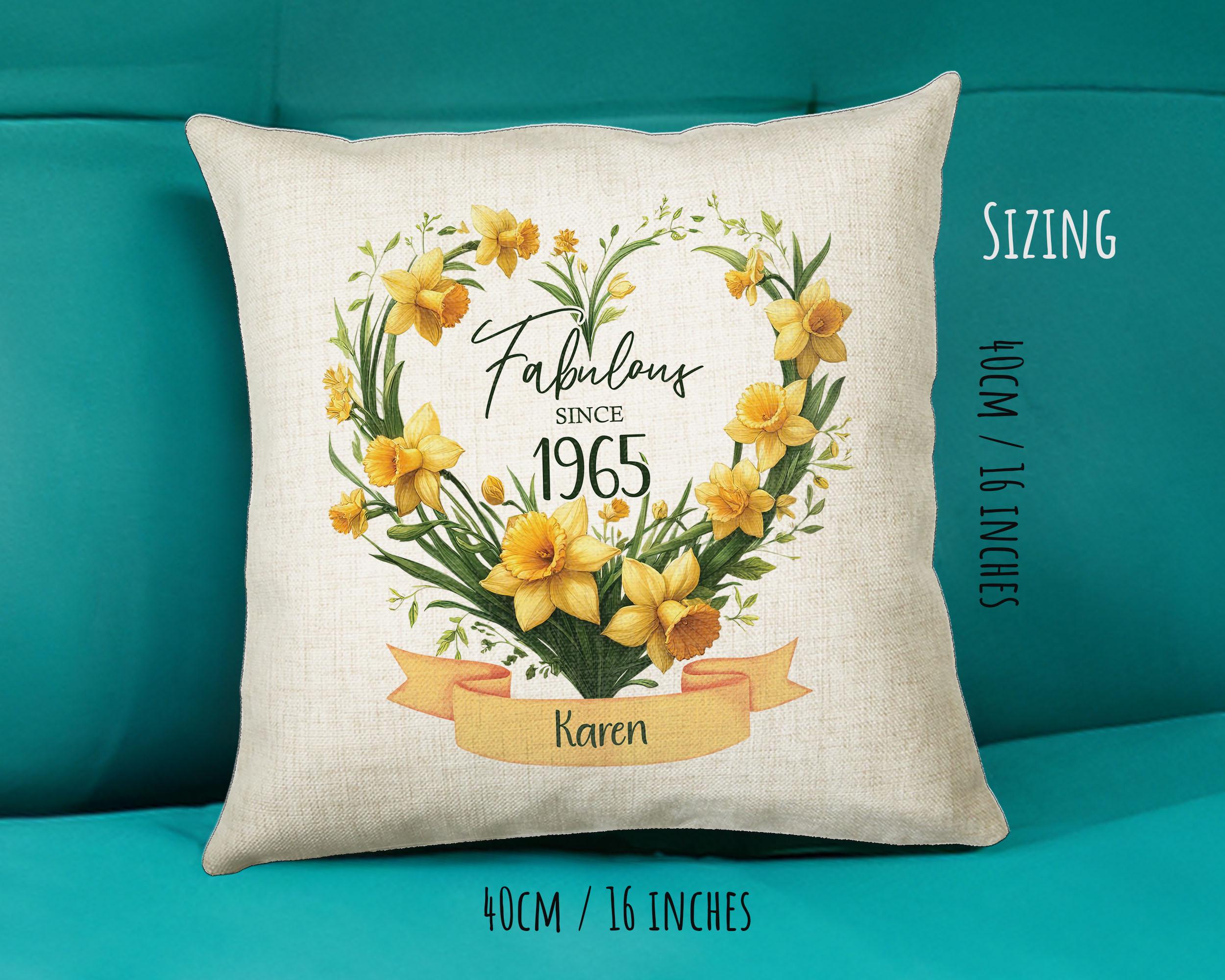 60th Birthday Gift for Women - Personalised 1965 Birthday Cushion Age 60 Gift for Her Floral Daffodil Age Design Mum Nan Gran Sixty BNS60C