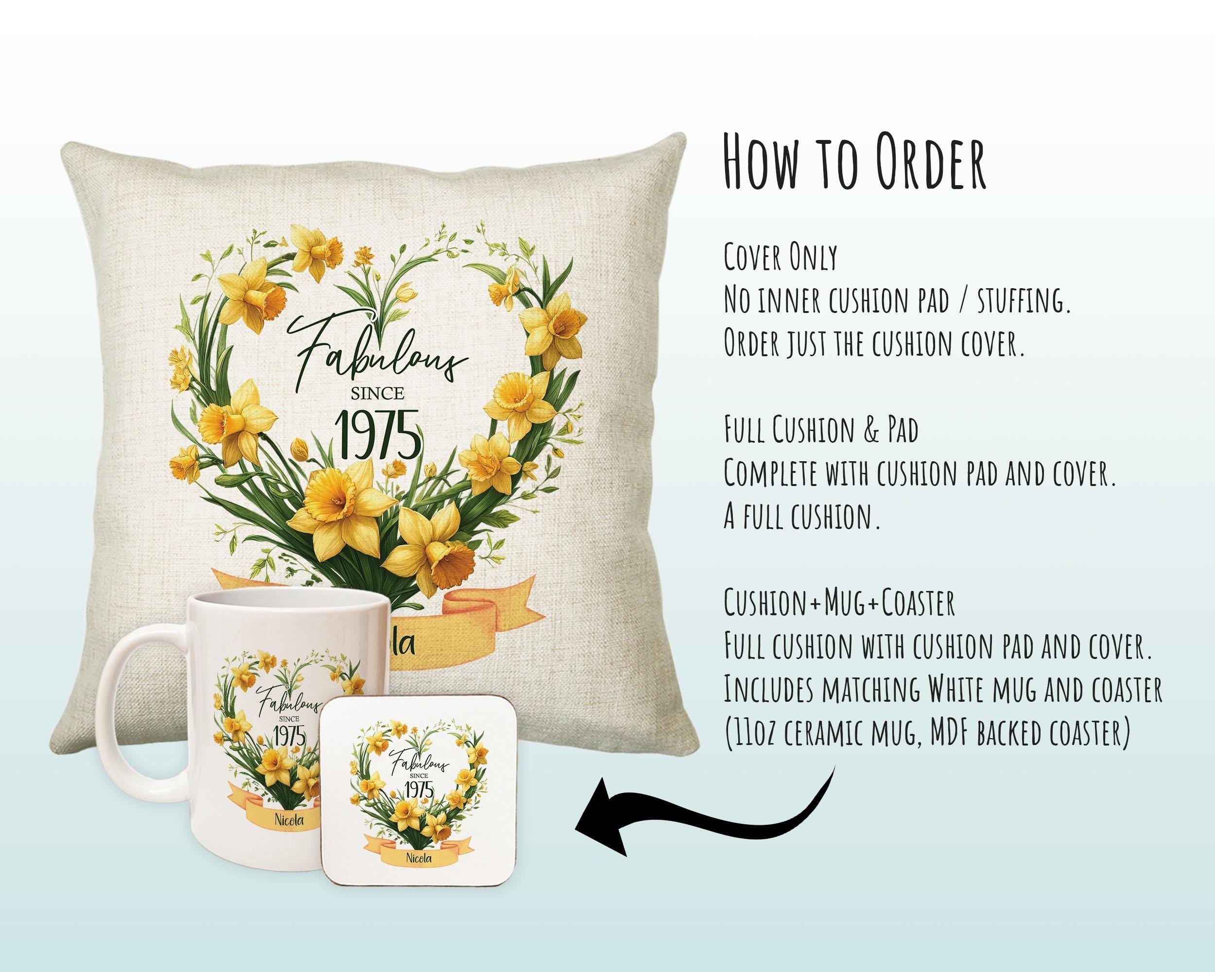 50th Birthday Gift for Women - Personalised 1975 Birthday Cushion Age 50 Gift for Her Floral Daffodil Design Mum Nan Sister Fifty BNS50C