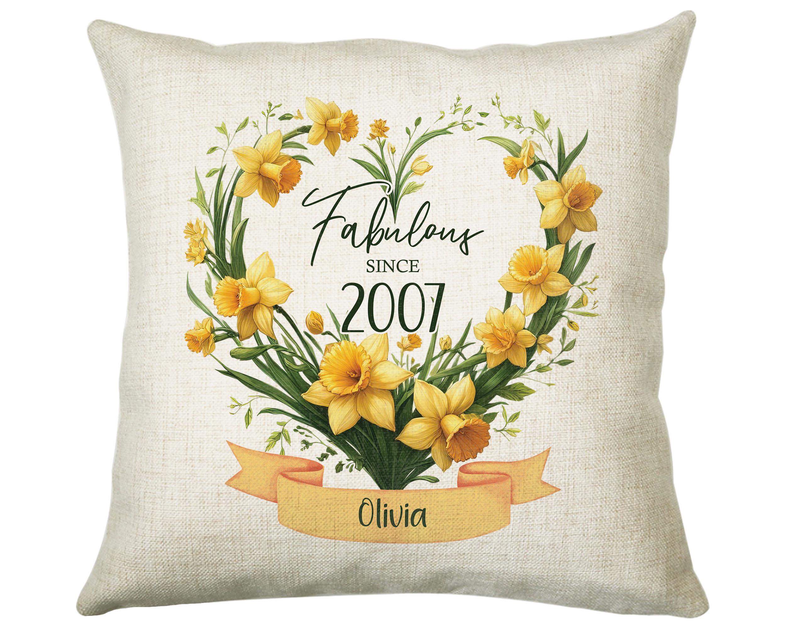 18th Birthday Gift for Women - Personalised 2007 Birthday Cushion Age 18 Gift for Her Floral Daffodil Design Daughter Sister Eighteen BNR18C