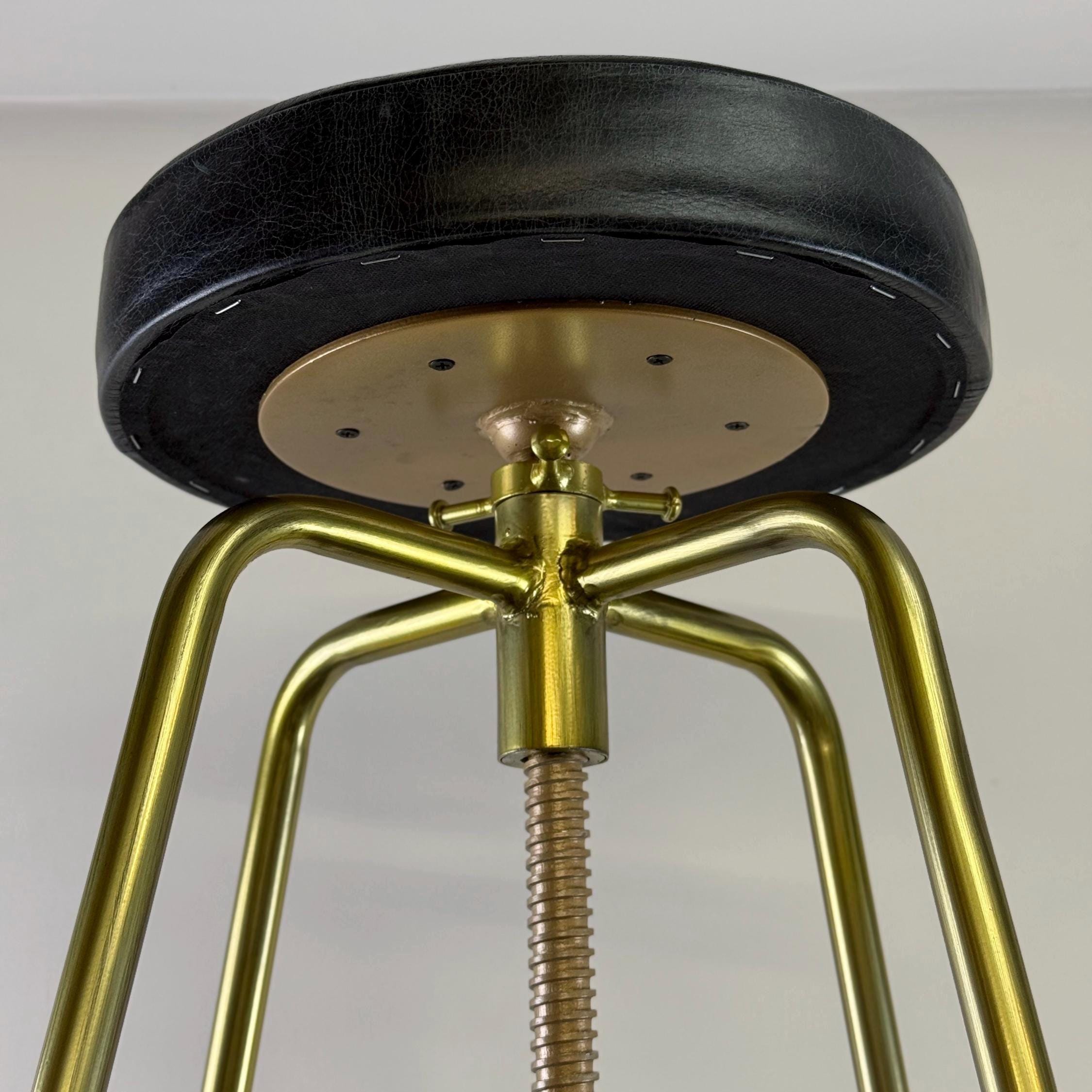 Brass Bar Adjustable Stool Black Leather Top Seat | Vintage Industrial Style