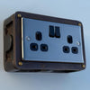 Black Nickel Double Switched 13A Power Socket 230V 13A 2 Gang 2G  Solid Metal Antique Brass Conduit Switch Industrial - BS EN Approved