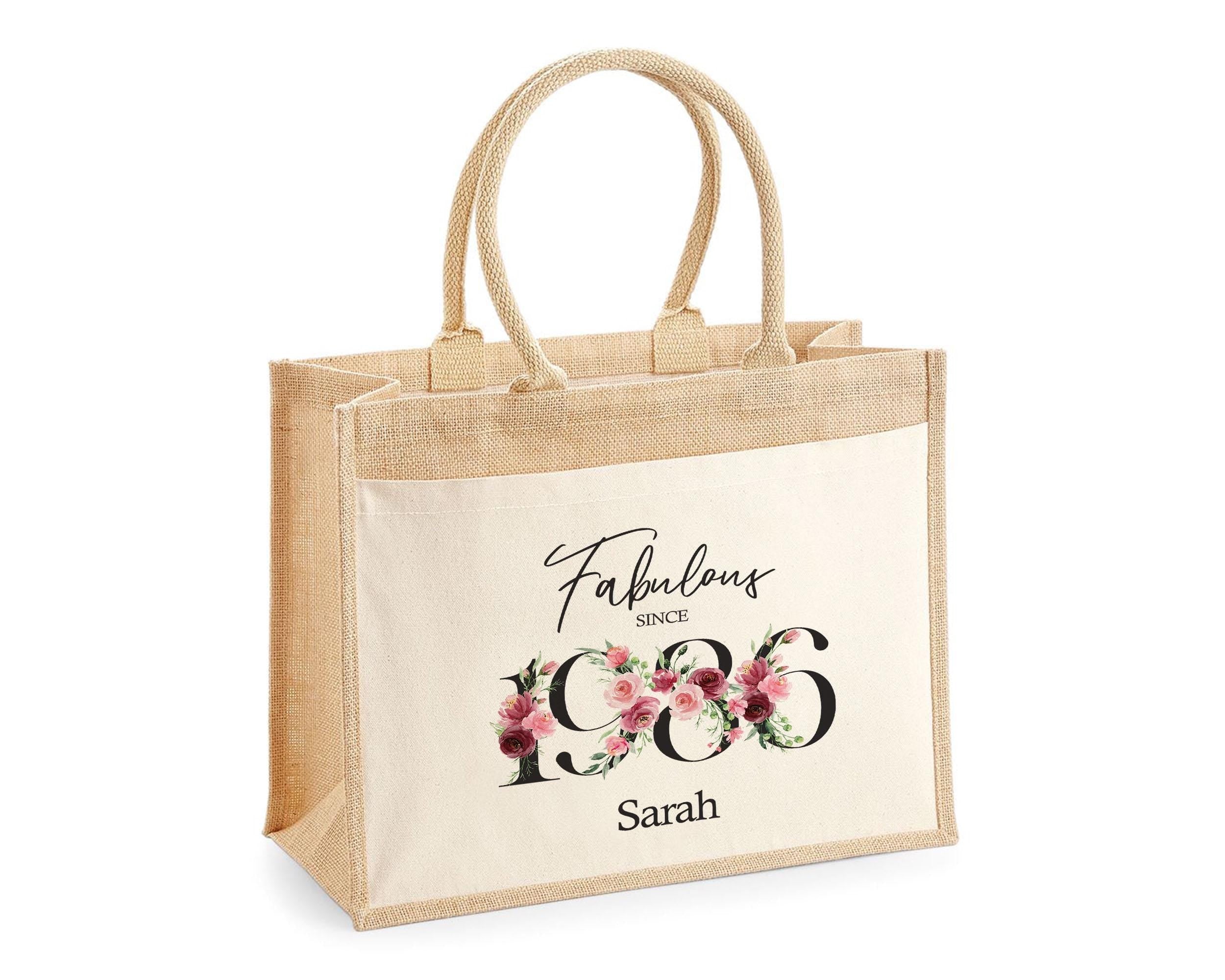 40th Birthday Gift For Women Personalised Jute Bag - Gift For Her Floral Tote Bag Gifts - Forty 40 Fabulous Since 1986 Shopping Bag BNC40T