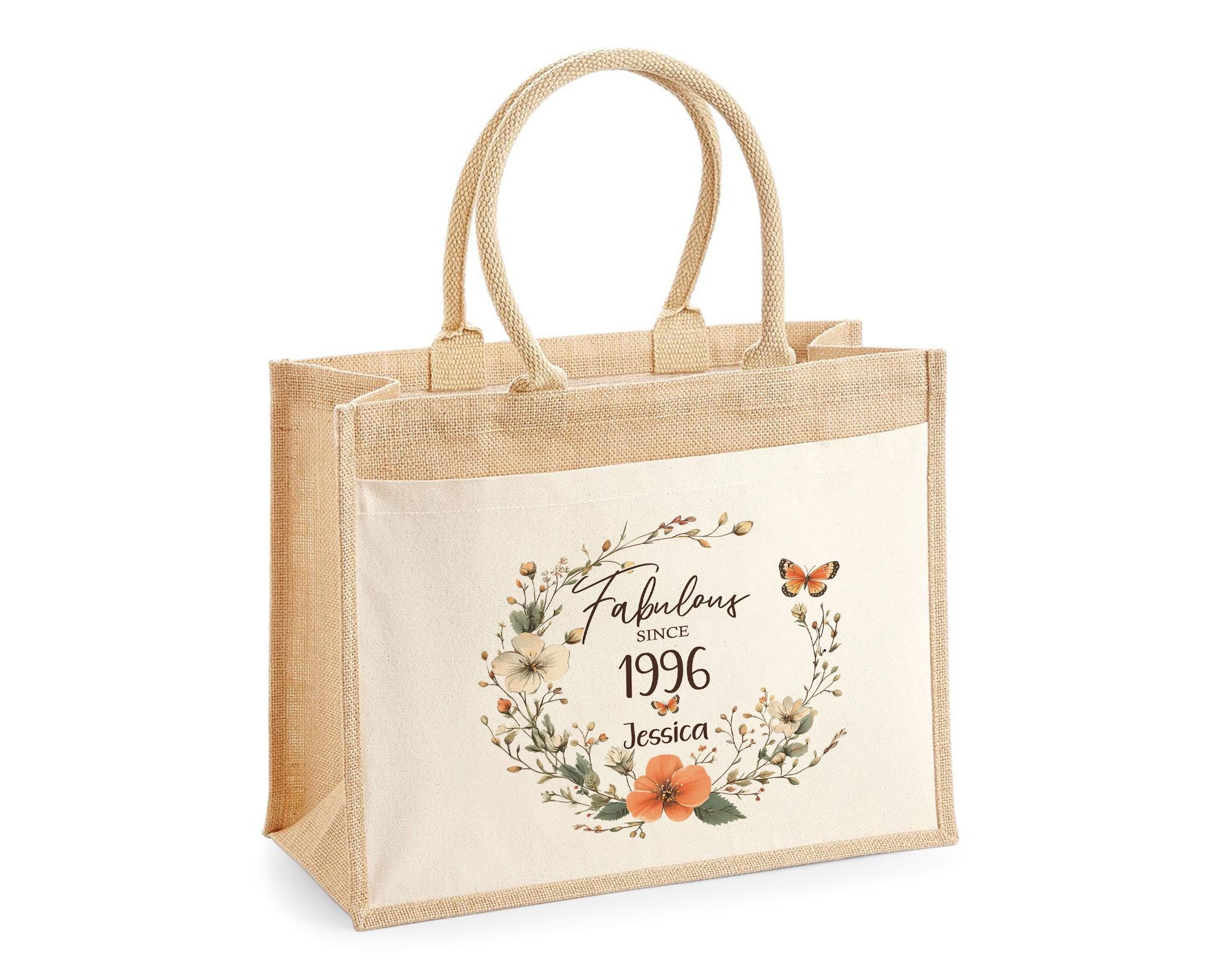 30th Birthday Gift For Her Personalised Jute Bag - Gift For Women Floral Tote Bag Gifts - Thirty 30 Fabulous Since 1996 Shopping Bag BNL30T