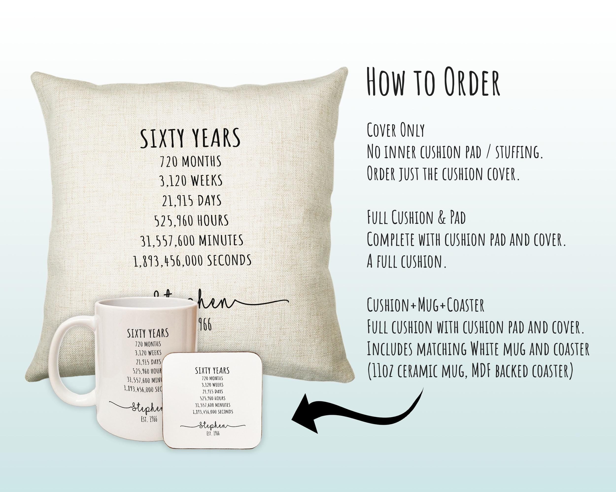 60th Birthday Gift for Men - Personalised Birthday Cushion Age 60 Gift for Him Mens Years Months Weeks Design Son Brother Sixty BNE60C