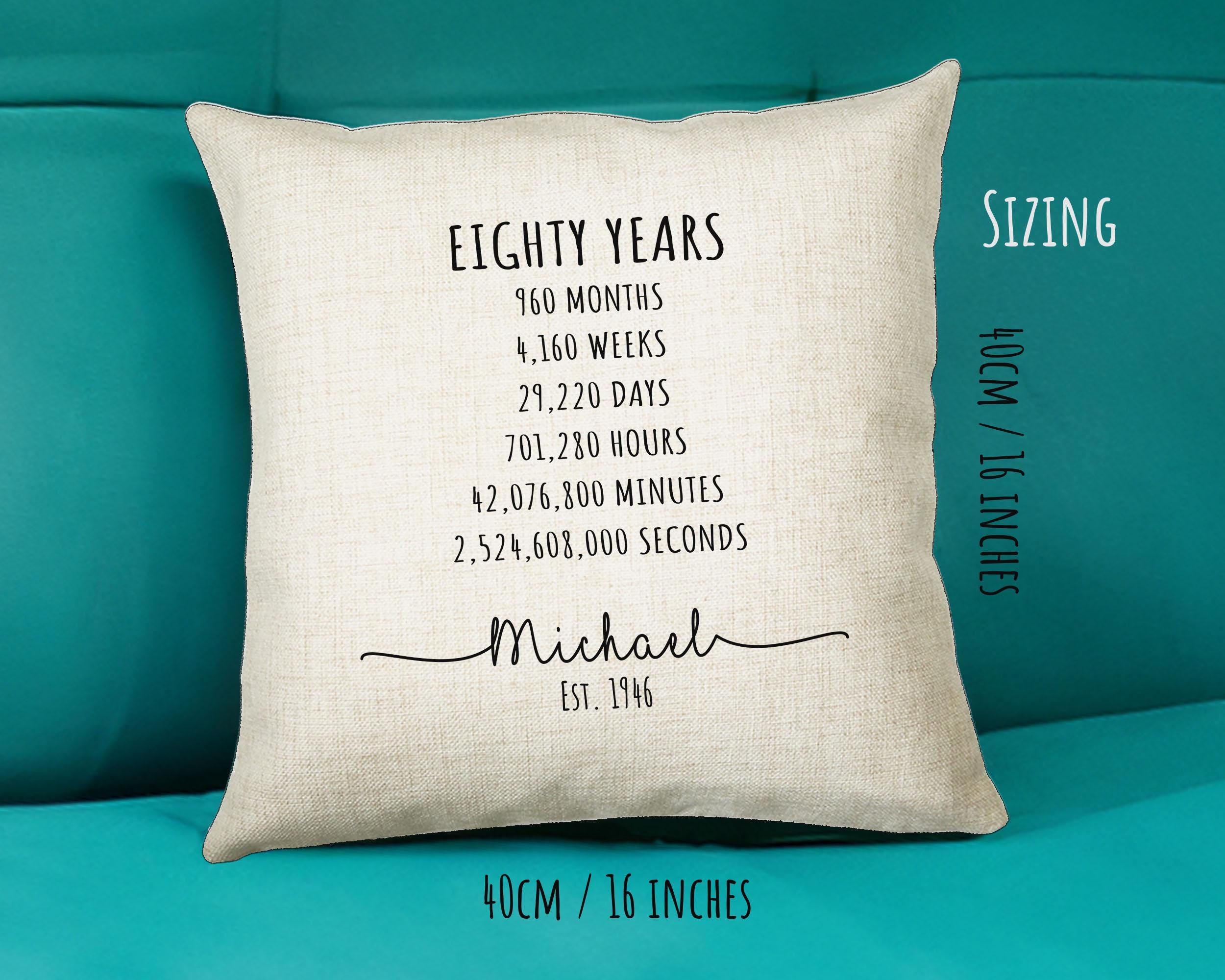 80th Birthday Gift for Men - Personalised Birthday Cushion Age 80 Gift for Him Mens Years Months Weeks Design Dad Grandad Eighty 1946 BNE80C