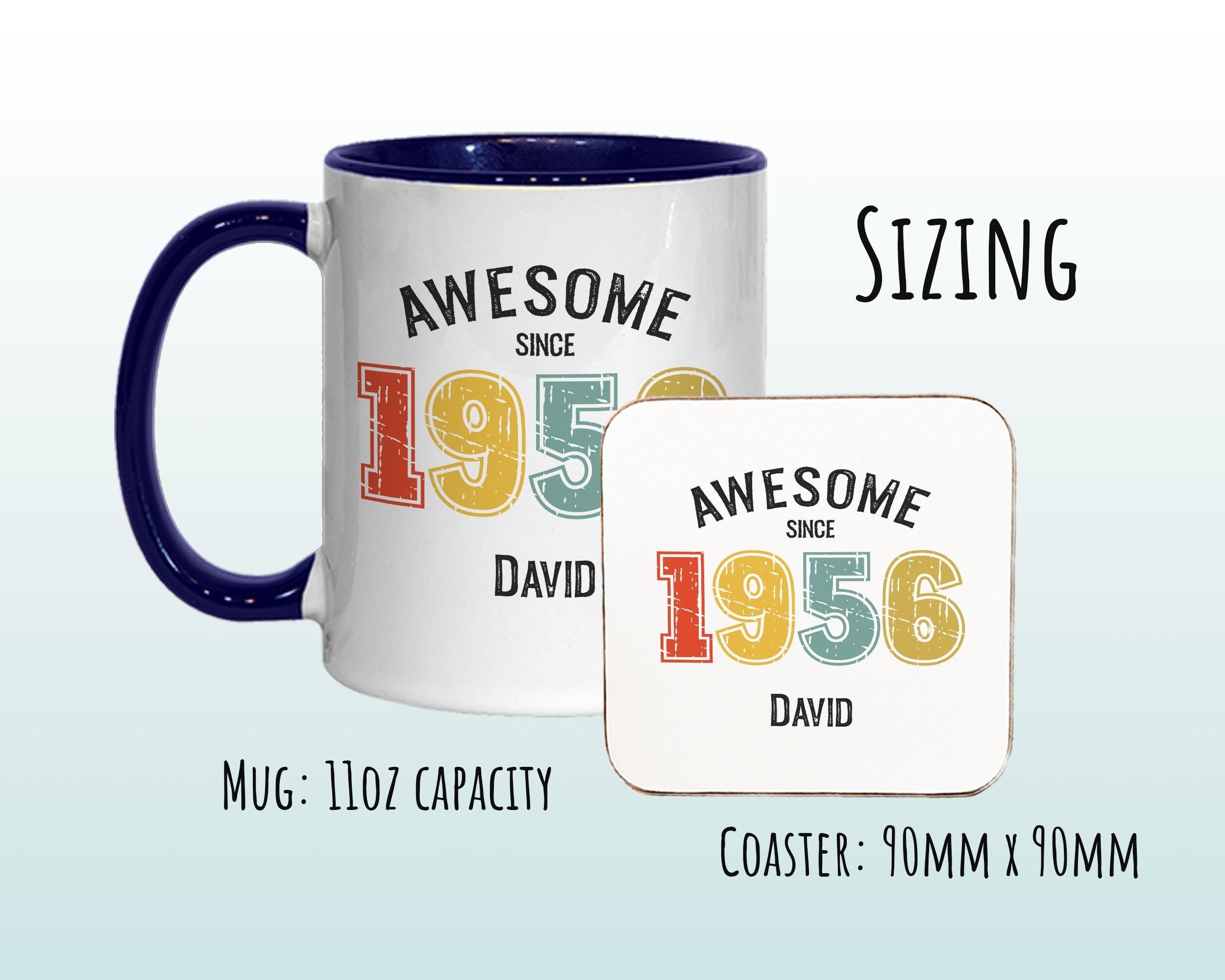 70th Birthday Gift for Men - Awesome Since 1956 Personalised Coffee Mug Coaster Age 70 Gift for Him - Retro Number Design Dad Grandad BNG70M