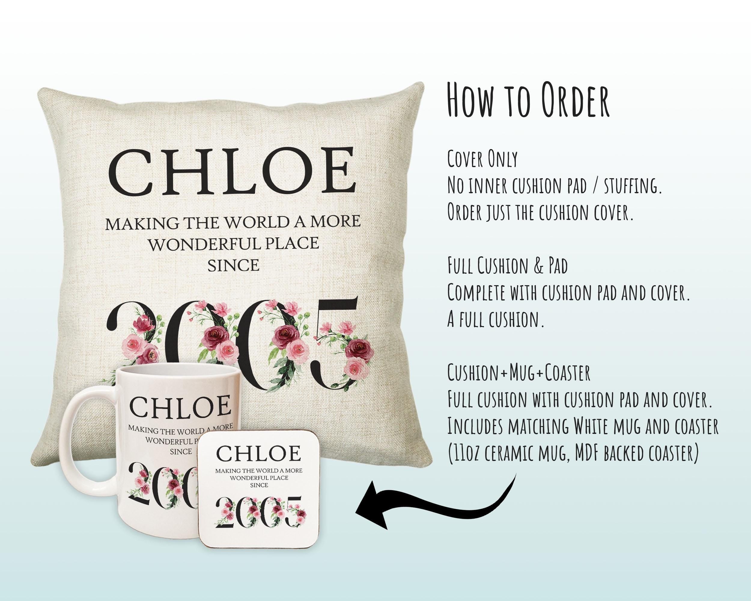 21st Birthday Gift for Women - Personalised 2005 Birthday Cushion Age 21 Gift for Her Lady Floral Design Daughter Sister Twenty One BND21C