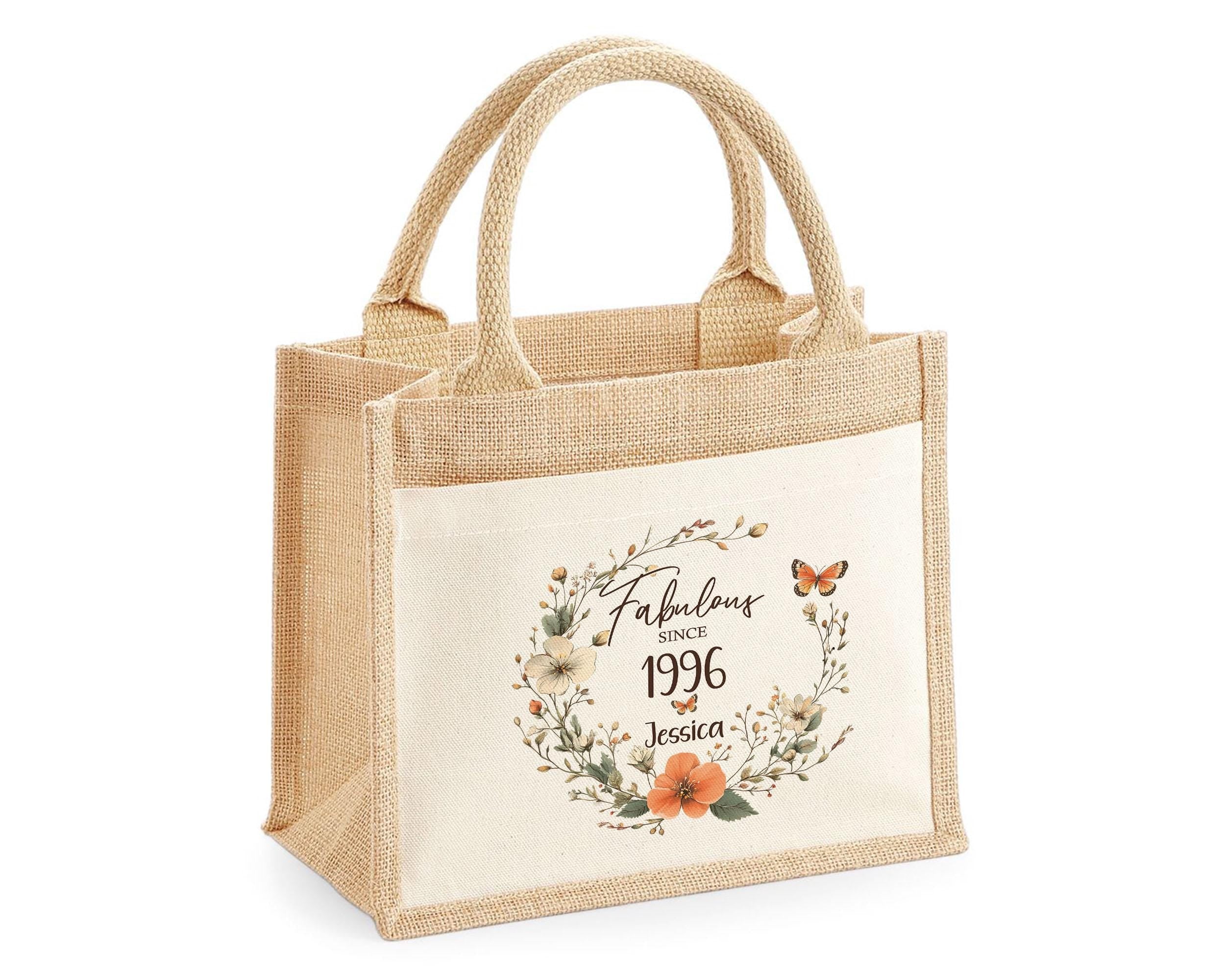 30th Birthday Gift For Her Personalised Jute Bag - Gift For Women Floral Tote Bag Gifts - Thirty 30 Fabulous Since 1996 Shopping Bag BNL30T