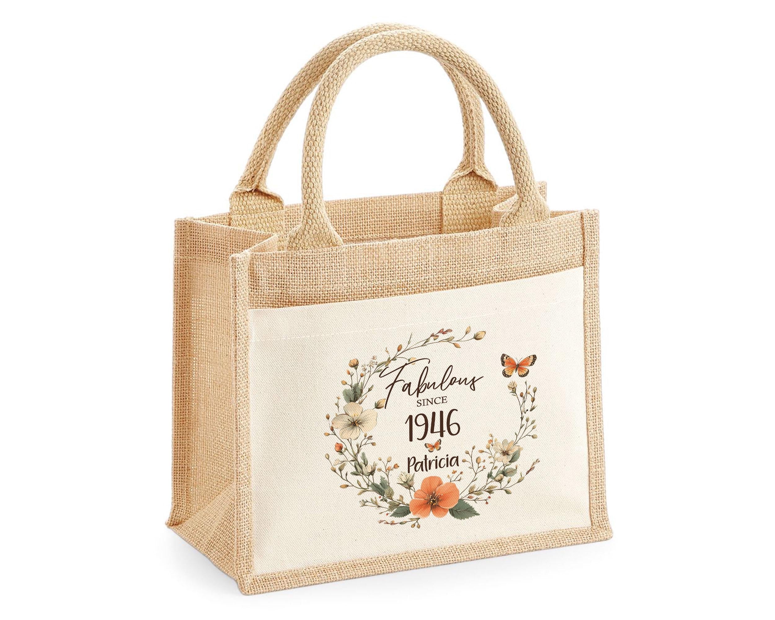 80th Birthday Gift For Women Personalised Jute Bag - Gift For Her Floral Tote Bag Gifts - Eighty 80 Fabulous Since 1946 Shopping Bag BNL80T