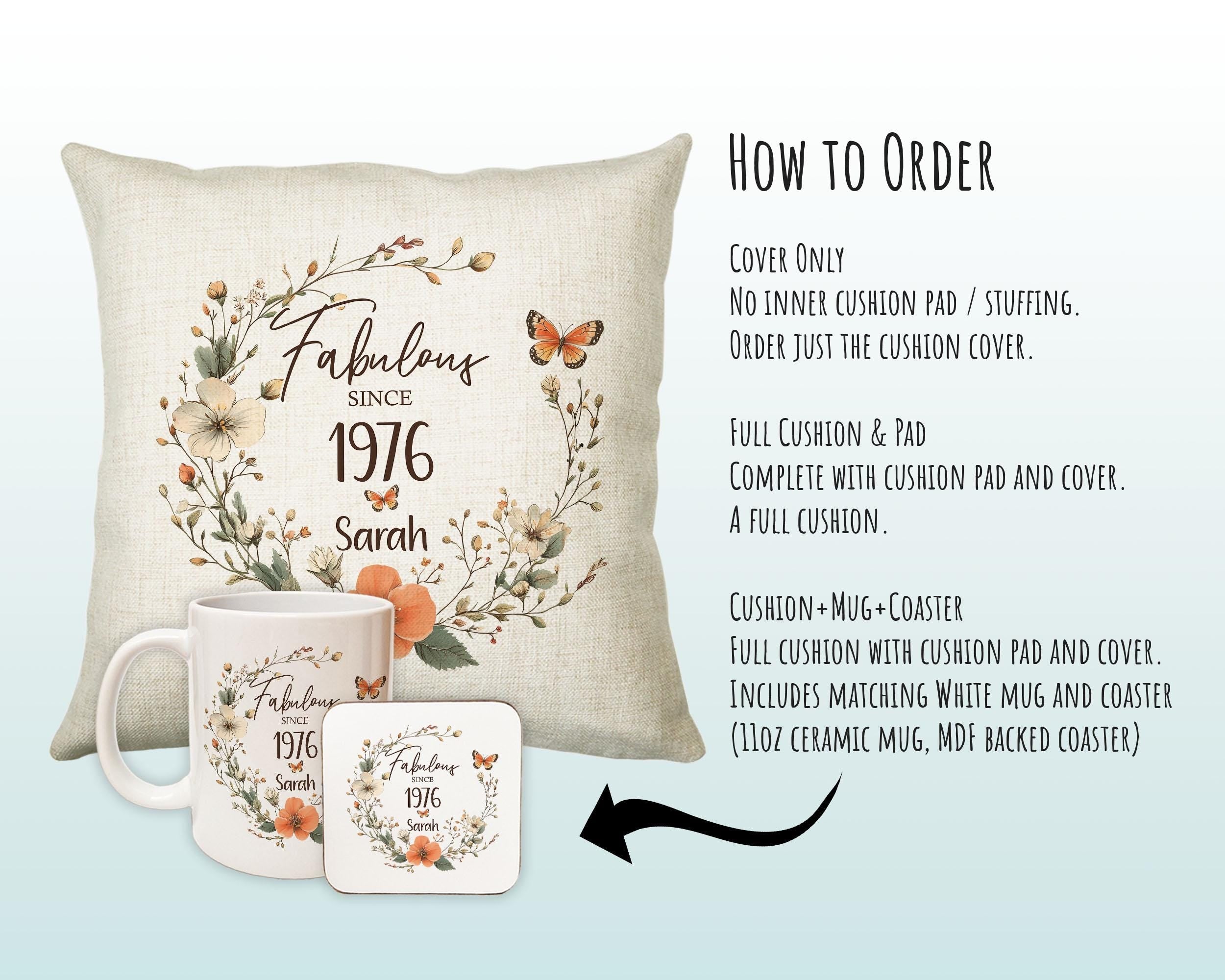 50th Birthday Gift for Women - Personalised 1976 Birthday Cushion Age 50 Gift for Her - Ladies Floral Design Mum Nan Sister Fifty BNL50C