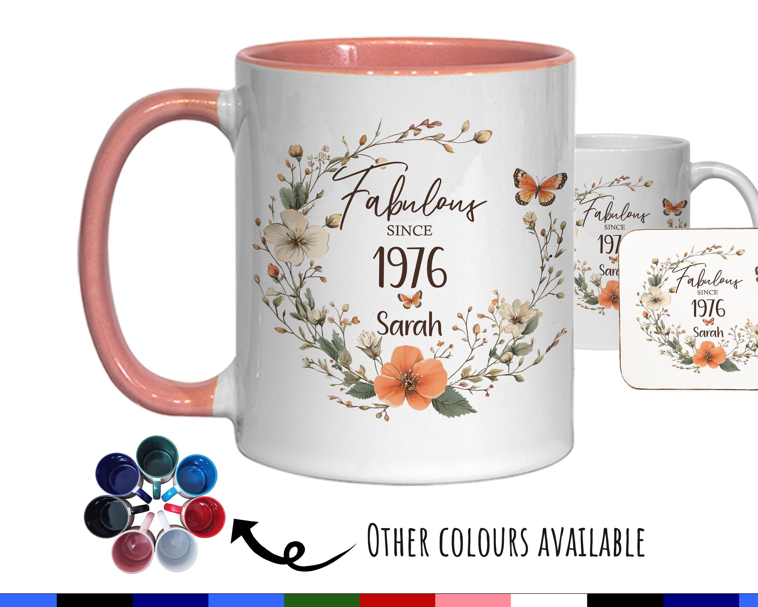 50th Birthday Gift for Women - Fabulous Since 1976 Personalised Mug Coaster Age 50 Gift for Her Ladies Floral Butterfly Daughter Mum BNL50M