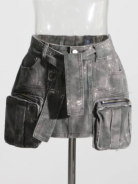 DEAT Women's Distressed Denim Skirt with Lace-Up Belt and Camouflage Design for Spring 2024