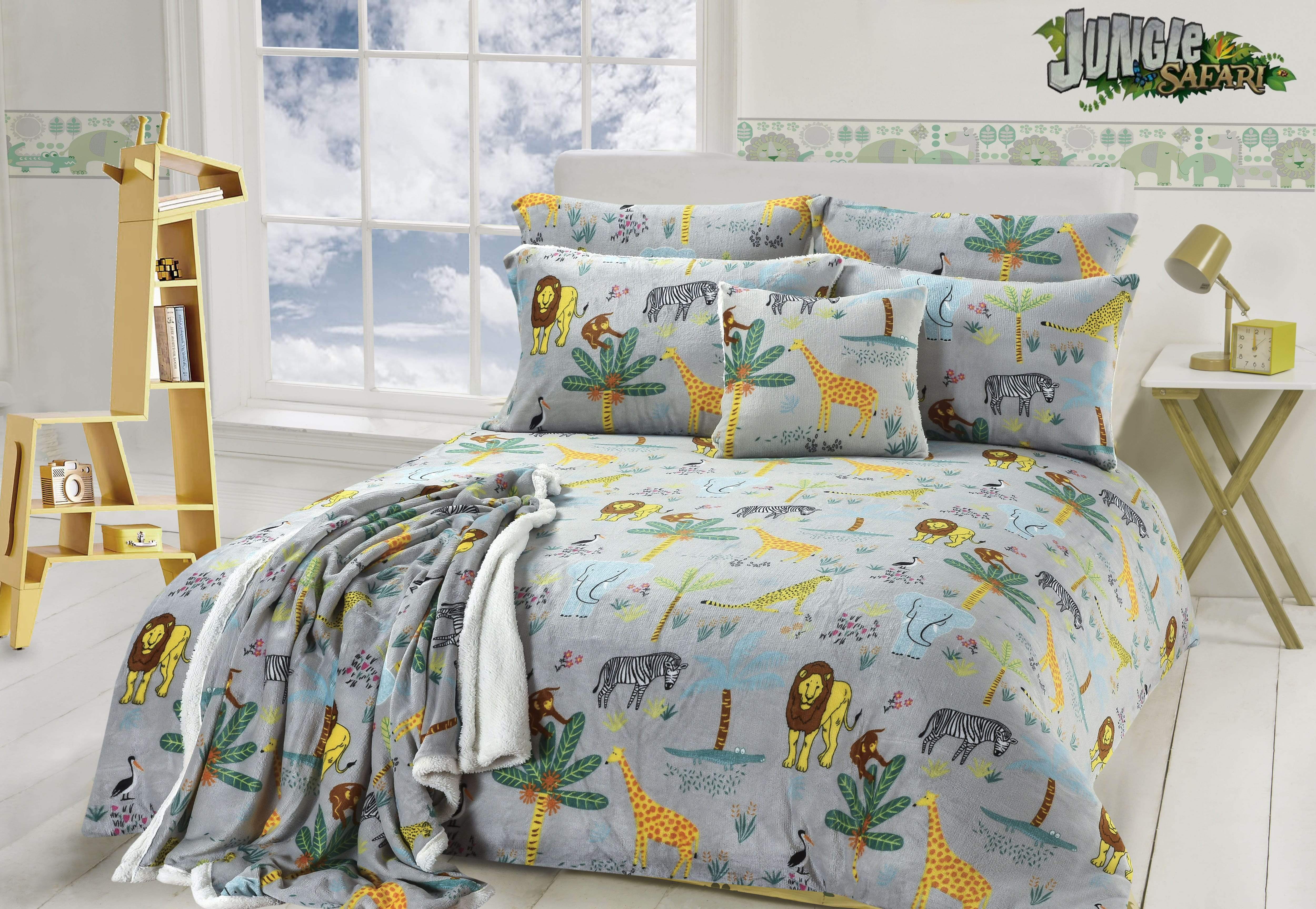 OLIVIA ROCCO Jungle Safari Animal Kingdom Kids Teddy Fleece Bedding Set With Lions Elephants Giraffes Zebras Matching Throw And Cushion