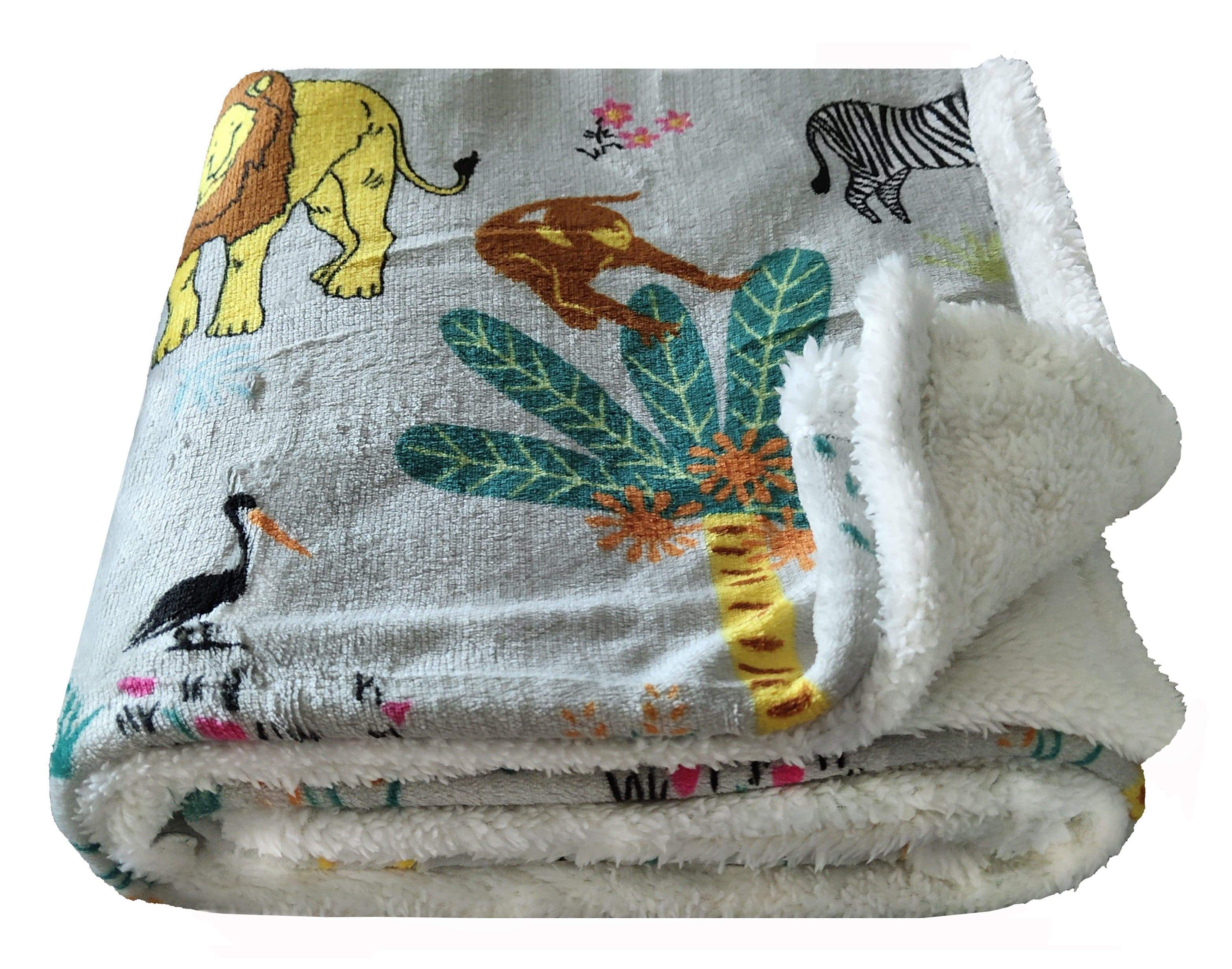 OLIVIA ROCCO Jungle Safari Animal Kingdom Kids Teddy Fleece Bedding Set With Lions Elephants Giraffes Zebras Matching Throw And Cushion