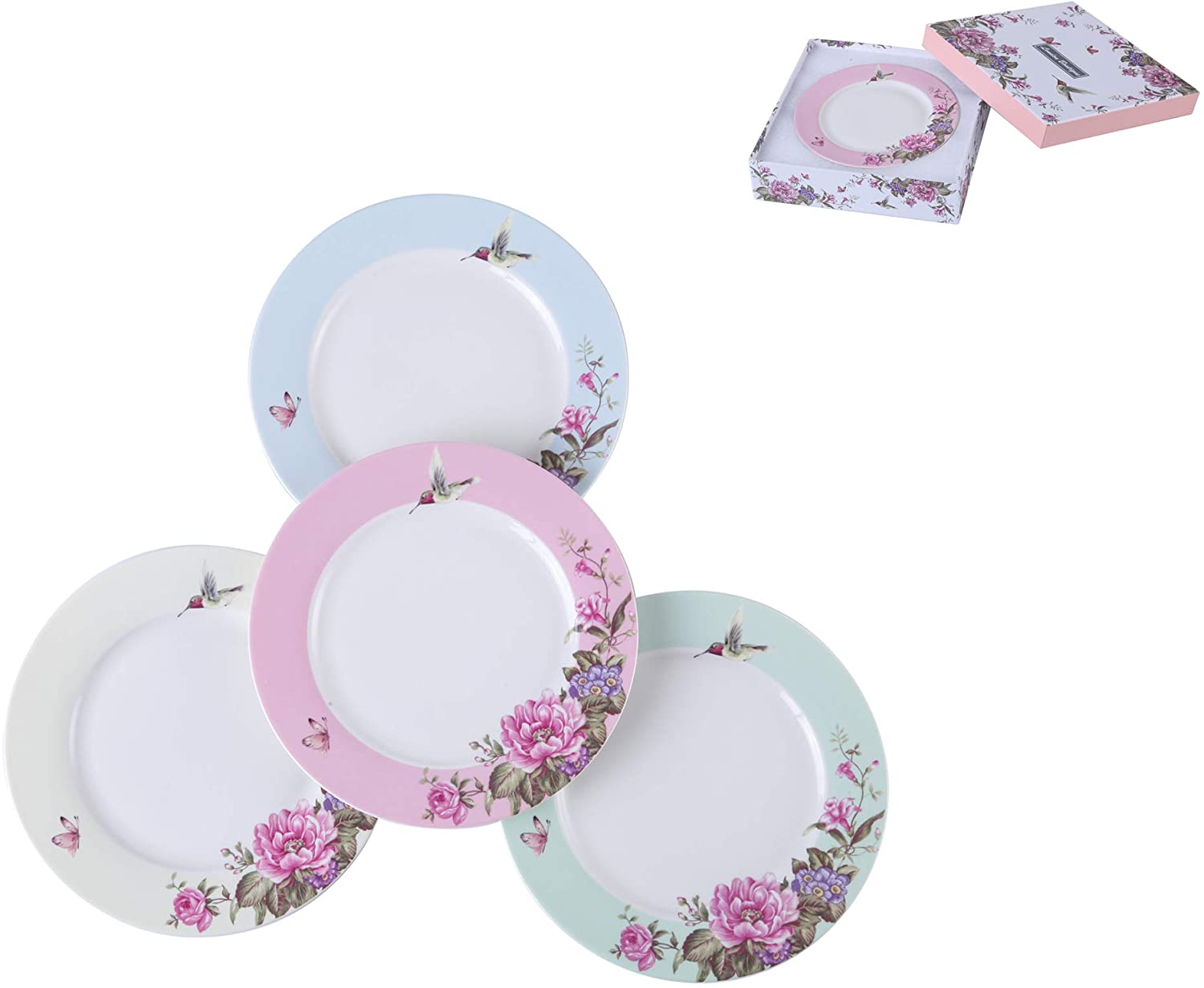 Porcelain Side Dessert Plates 7 Inches Wide Rimmed Shabby Chic Vintage Bird Butterly Floral Set 4 in Gift Box (3 Sets)