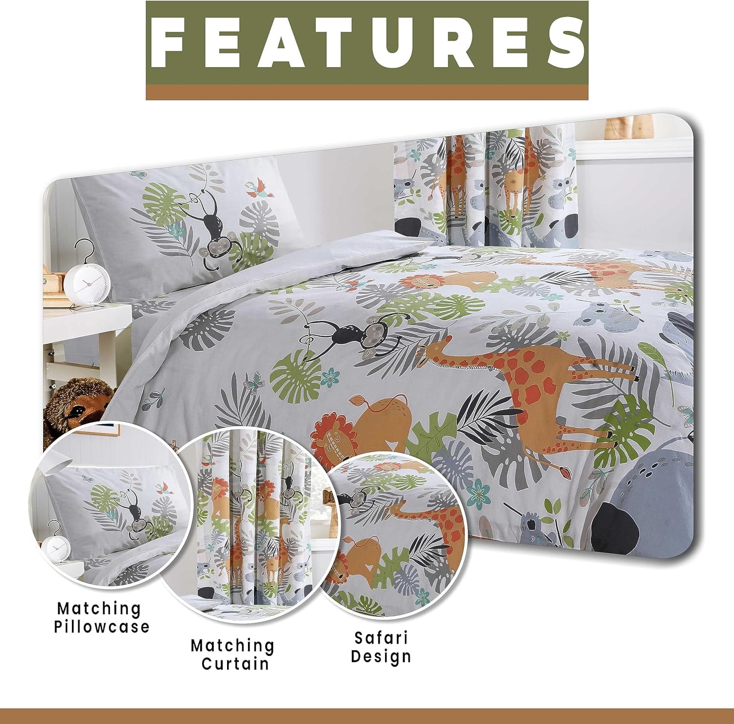 OLIVIA ROCCO Kids Safari Jungle Animal Print Duvet Cover Set With Pillowcase Soft Cosy Durable Lightweight Bedding Lions Giraffes Bears Elephants